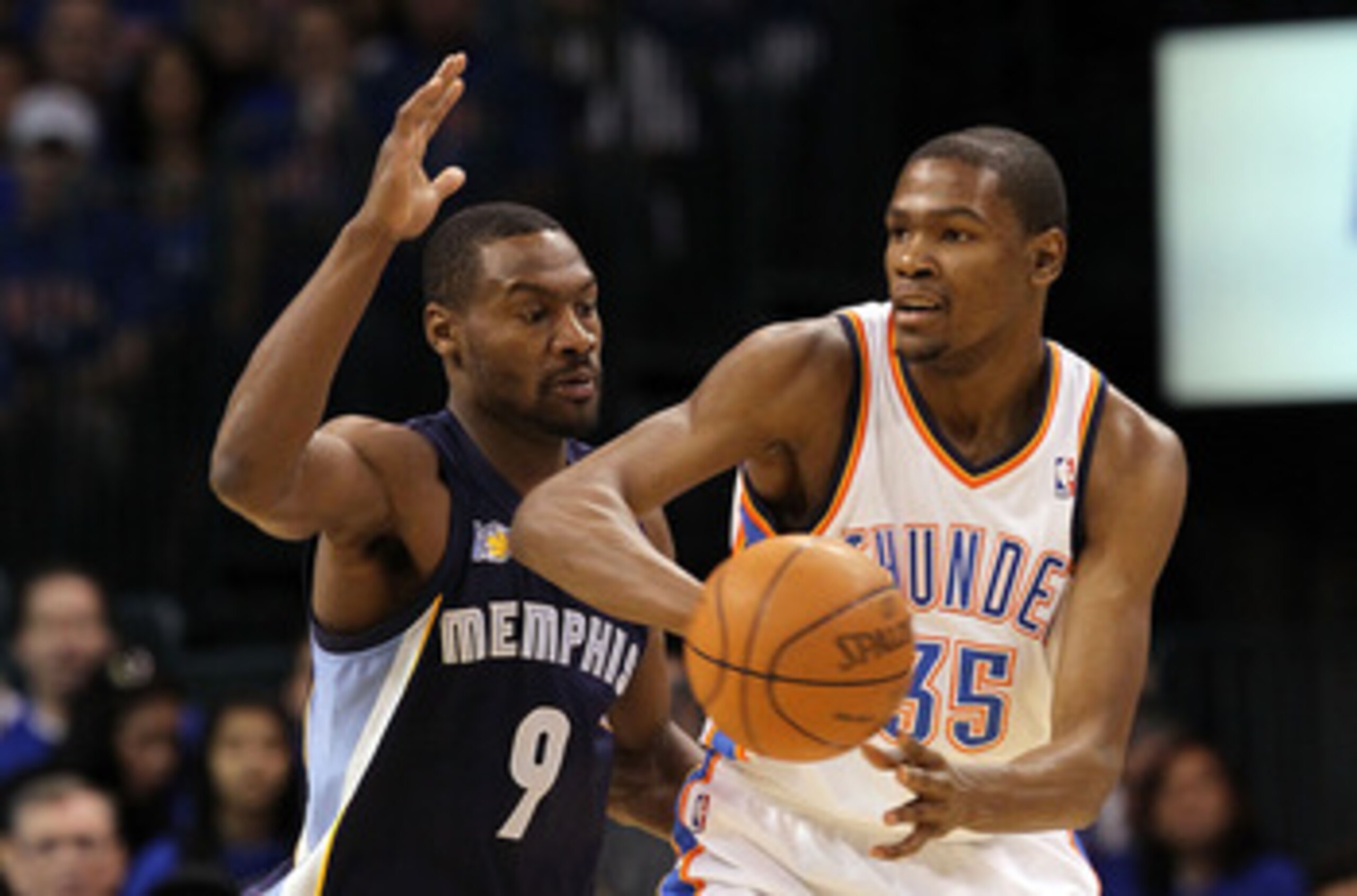 OKLAHOMA CITY, OK - MAY 15:  Forward Kevin Durant #35 of the Oklahoma City Thunder dribbles the ball against Tony Allen #9 of the Memphis Grizzlies in Game Seven of the Western Conference Semifinals in the 2011 NBA Playoffs on May 15, 2011 at Oklahoma Cit