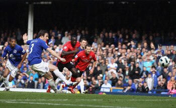LIVERPOOL, ENGLAND - APRIL 16: Leighton Baines  of Everton scores the second goal from the penalty spot during the Barclays Premier League match between Everton and Blackburn Rovers at  Goodison Park on April 16, 2011 in Liverpool, England.  (Photo by Cli