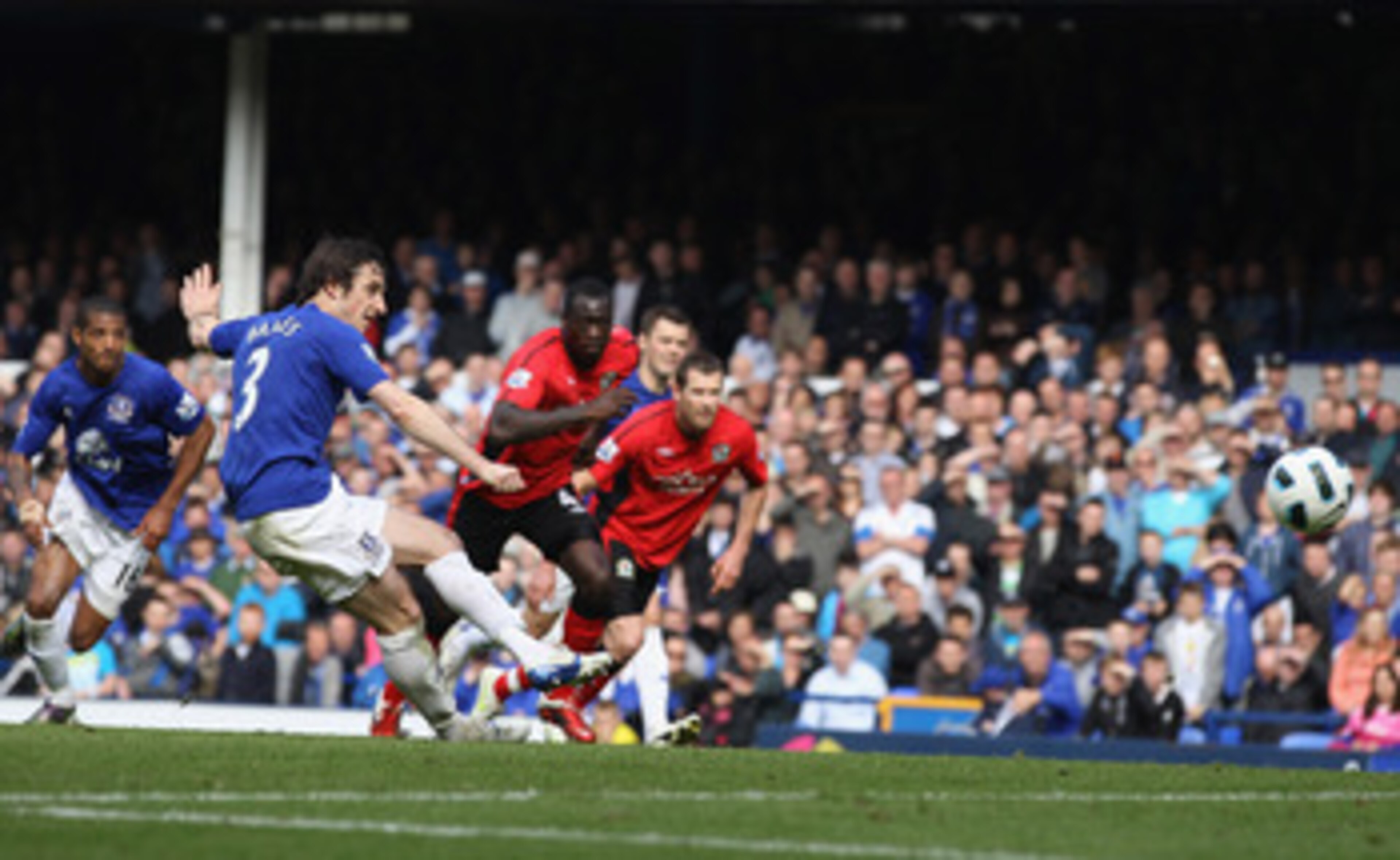 LIVERPOOL, ENGLAND - APRIL 16: Leighton Baines  of Everton scores the second goal from the penalty spot during the Barclays Premier League match between Everton and Blackburn Rovers at  Goodison Park on April 16, 2011 in Liverpool, England.  (Photo by Cli