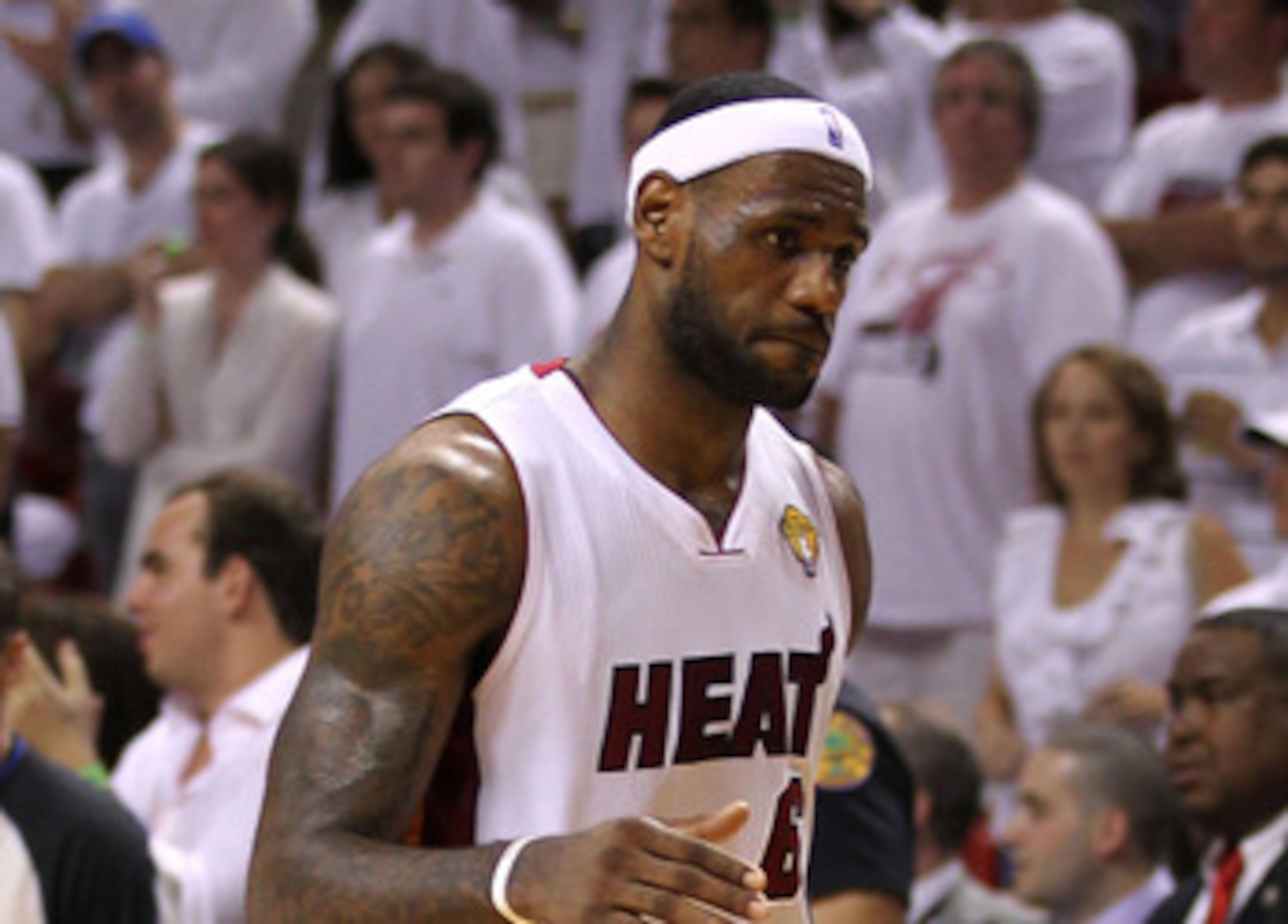 MIAMI, FL - JUNE 12:  LeBron James #6 of the Miami Heat looks on dejected against the Dallas Mavericks in Game Six of the 2011 NBA Finals at American Airlines Arena on June 12, 2011 in Miami, Florida. NOTE TO USER: User expressly acknowledges and agrees t