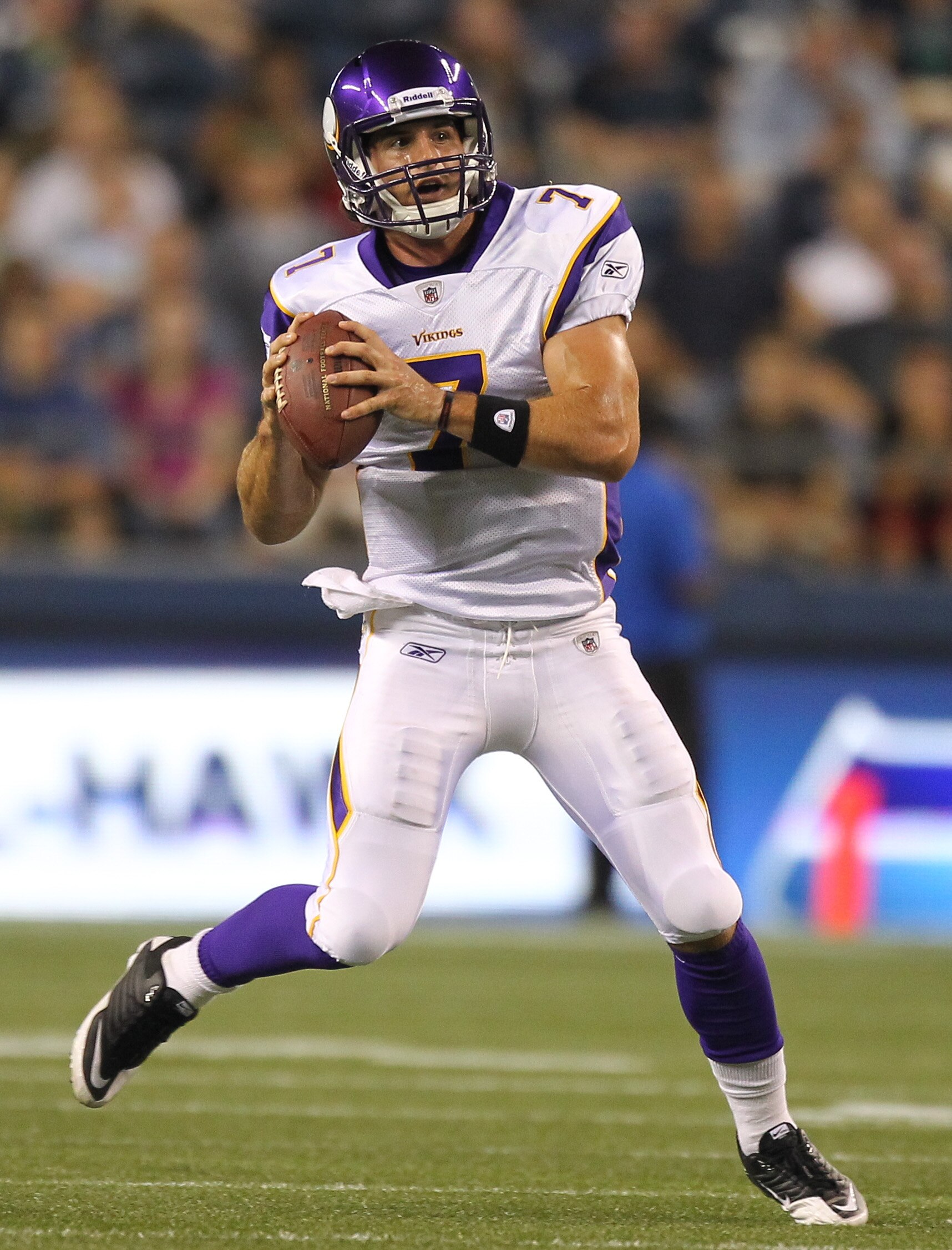 SEATTLE - AUGUST 20:  Quarterback Christian Ponder #7 of the Minnesota Vikings rolls out against the Seattle Seahawks at CenturyLink Field on August 20, 2011 in Seattle, Washington. The Vikings won 20-7. (Photo by Otto Greule Jr/Getty Images)
