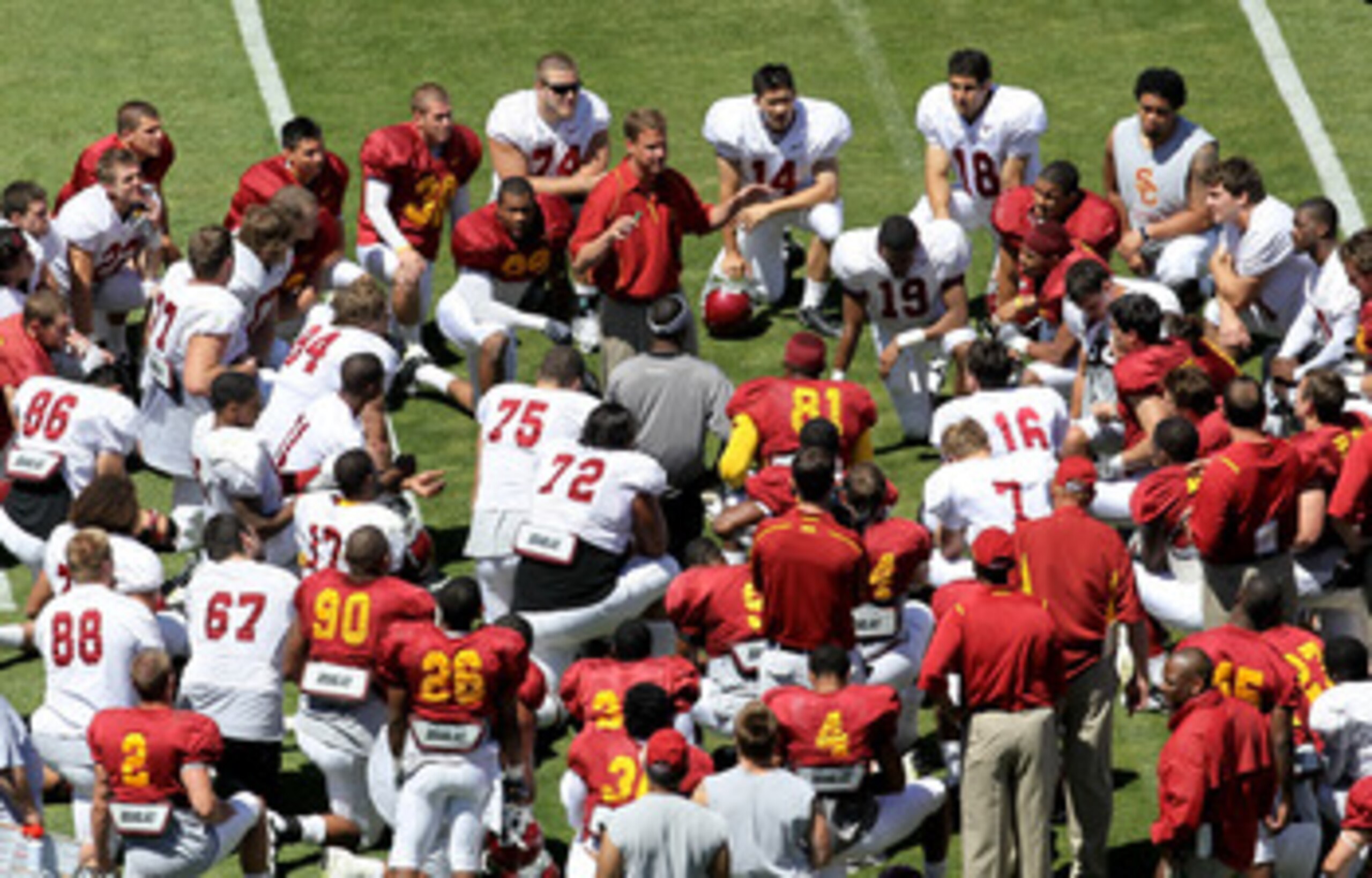 LOS ANGELES, CA - MAY 01:  Head coach Lane Kiffin addresses the team following the  USC Trojans spring game on  May 1, 2010 at the Los Angeles Memorial Coliseum in Los Angeles, California.  (Photo by Stephen Dunn/Getty Images)