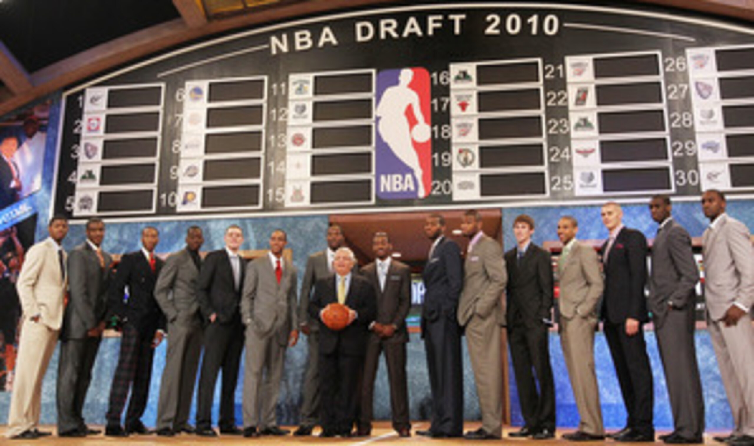 NEW YORK - JUNE 24:  NBA Draft prospects stand with NBA Commisioner David Stern prior to the NBA Draft at Madison Square Garden on June 24, 2010 in New York City. NOTE TO USER: User expressly acknowledges and agrees that, by downloading and or using this
