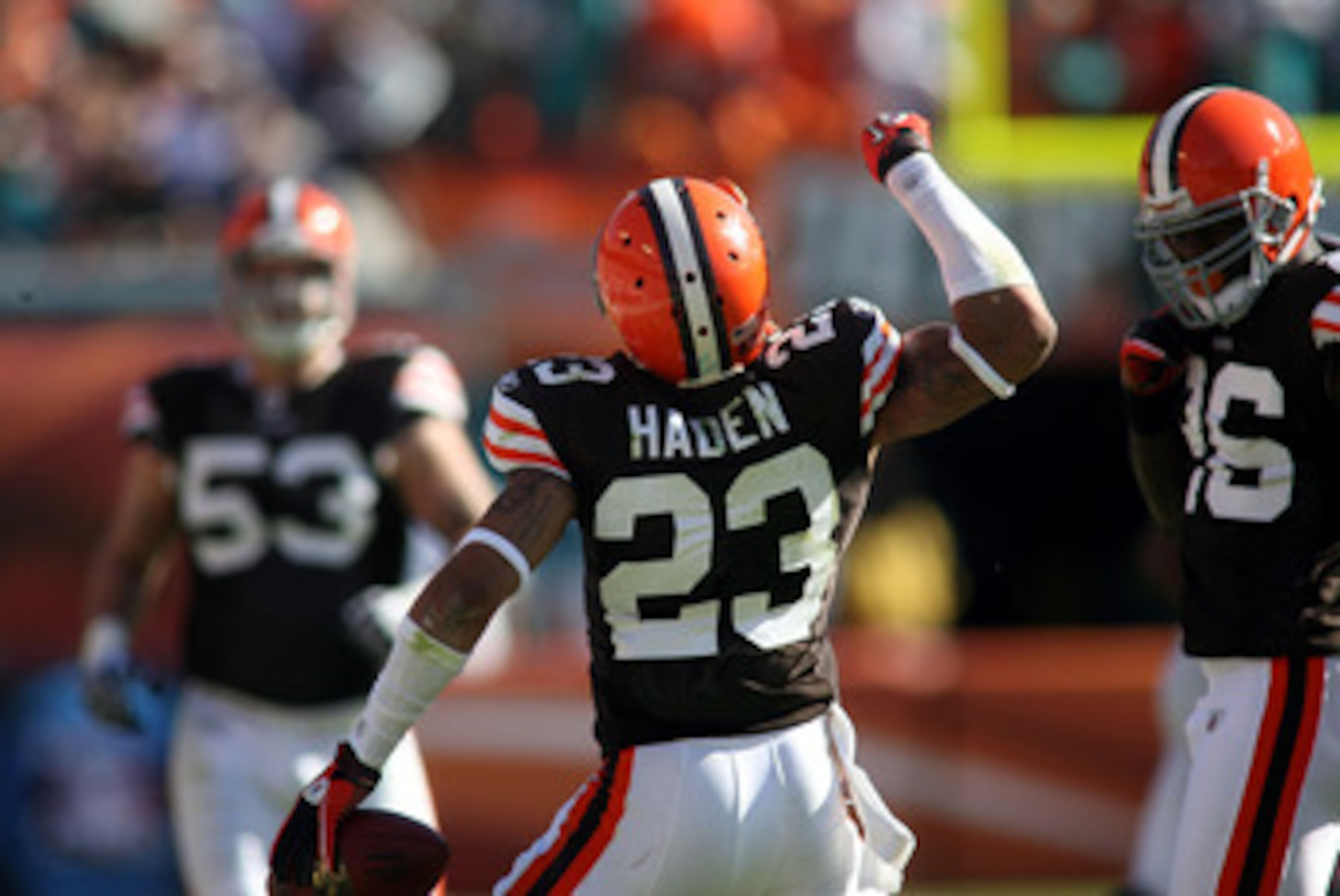 MIAMI - DECEMBER 05:  Defensive back Joe Haden #23 of the Cleveland Browns celebrates intercepting the ball against the Miami Dolphins at Sun Life Stadium on December 5, 2010 in Miami, Florida.  Cleveland defeated Miami 13-10. (Photo by Marc Serota/Getty 