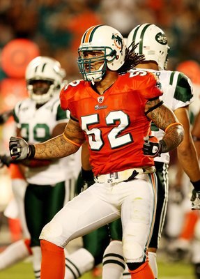 MIAMI - OCTOBER 12:  Linebacker Channing Crowder #52 of the Miami Dolphins celebrates after making a tackle for a loss against the New York Jets at Land Shark Stadium on October 12, 2009 in Miami, Florida. The Dolphins defeated the Jets 31-27.  (Photo by 