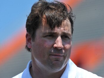 GAINESVILLE, FL - APRIL 9:  Coach Will Muschamp of the Florida Gators talks to reporters after the Orange and Blue spring football game April 9, 2011 at Ben Hill Griffin Stadium in Gainesville, Florida.  (Photo by Al Messerschmidt/Getty Images)