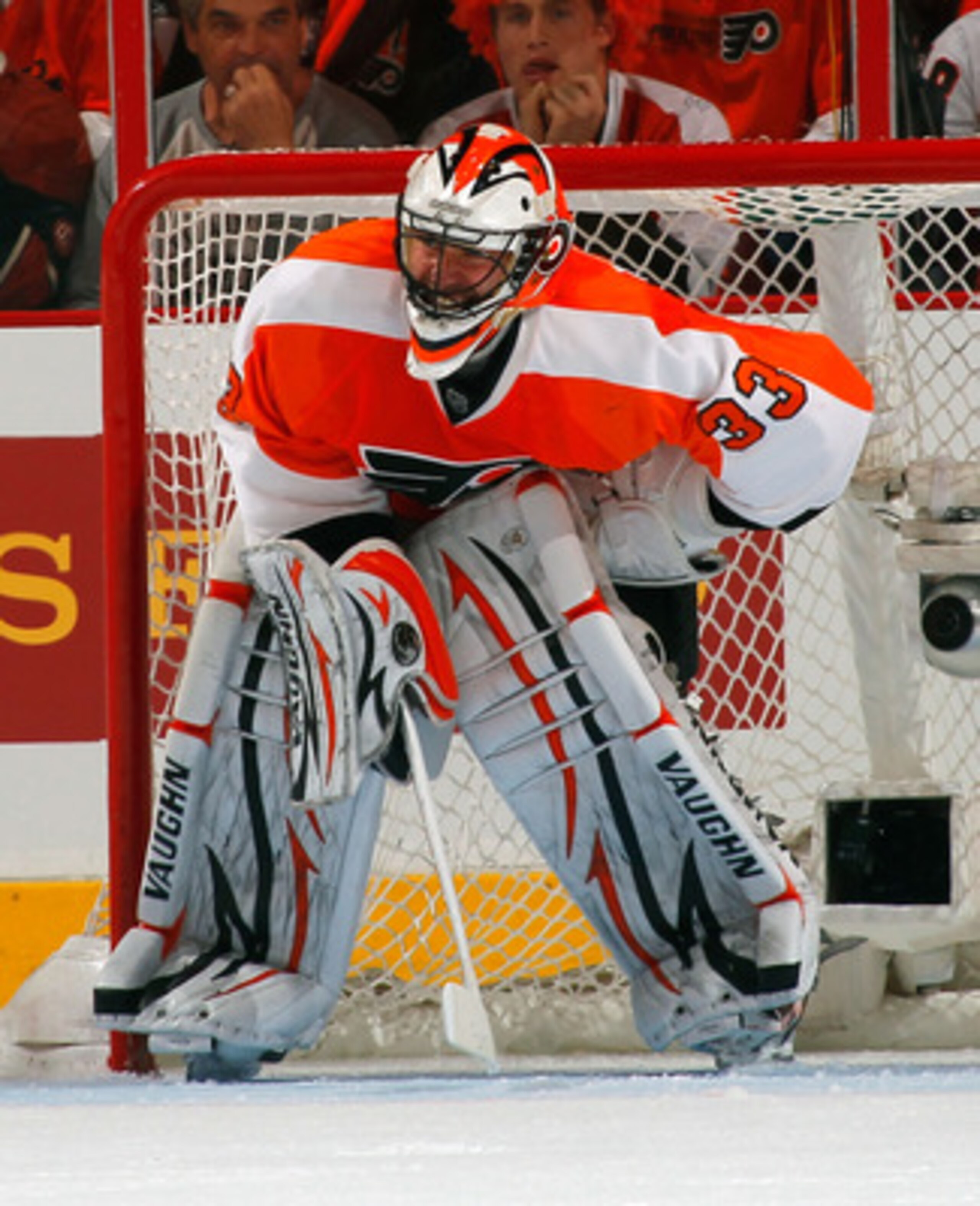 PHILADELPHIA, PA - MAY 02:  Goalie Brian Boucher #33 of the Philadelphia Flyers appears to have injured his wrist in the second period of Game Two of the Eastern Conference Semifinals against the Boston Bruins during the 2011 NHL Stanley Cup Playoffs at W