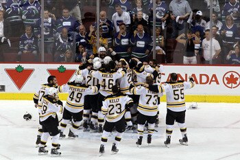 VANCOUVER, BC - JUNE 15:  The Boston Bruins celebrates after defeating the Vancouver Canucks in Game Seven of the 2011 NHL Stanley Cup Final at Rogers Arena on June 15, 2011 in Vancouver, British Columbia, Canada. The Boston Bruins defeated the Vancouver