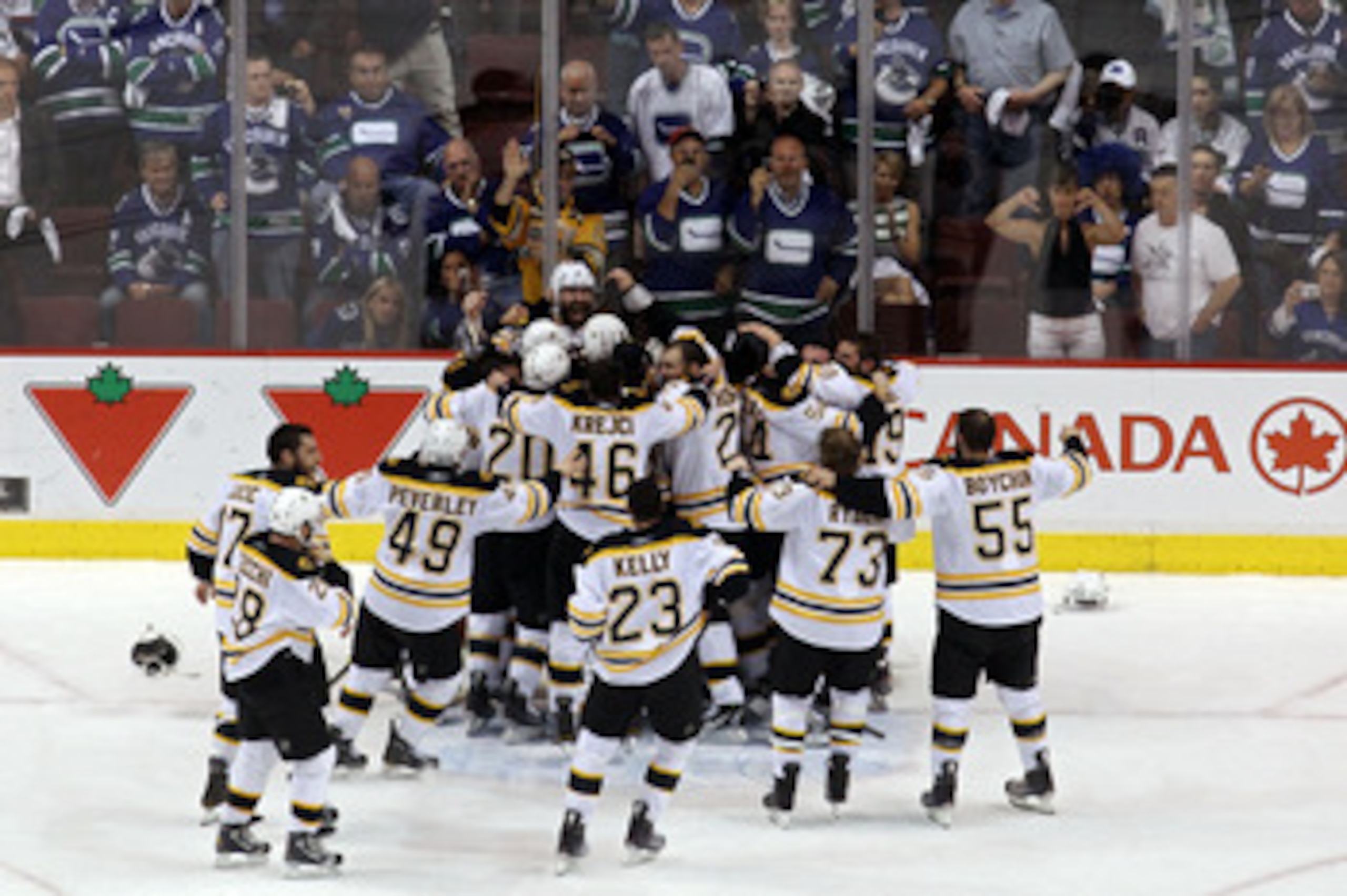 VANCOUVER, BC - JUNE 15:  The Boston Bruins celebrates after defeating the Vancouver Canucks in Game Seven of the 2011 NHL Stanley Cup Final at Rogers Arena on June 15, 2011 in Vancouver, British Columbia, Canada. The Boston Bruins defeated the Vancouver