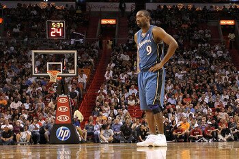 MIAMI, FL - NOVEMBER 29:  Gilbert Arenas #9 of the Washington Wizards looks on during a game against the Miami Heat at American Airlines Arena on November 29, 2010 in Miami, Florida. NOTE TO USER: User expressly acknowledges and agrees that, by downloadin