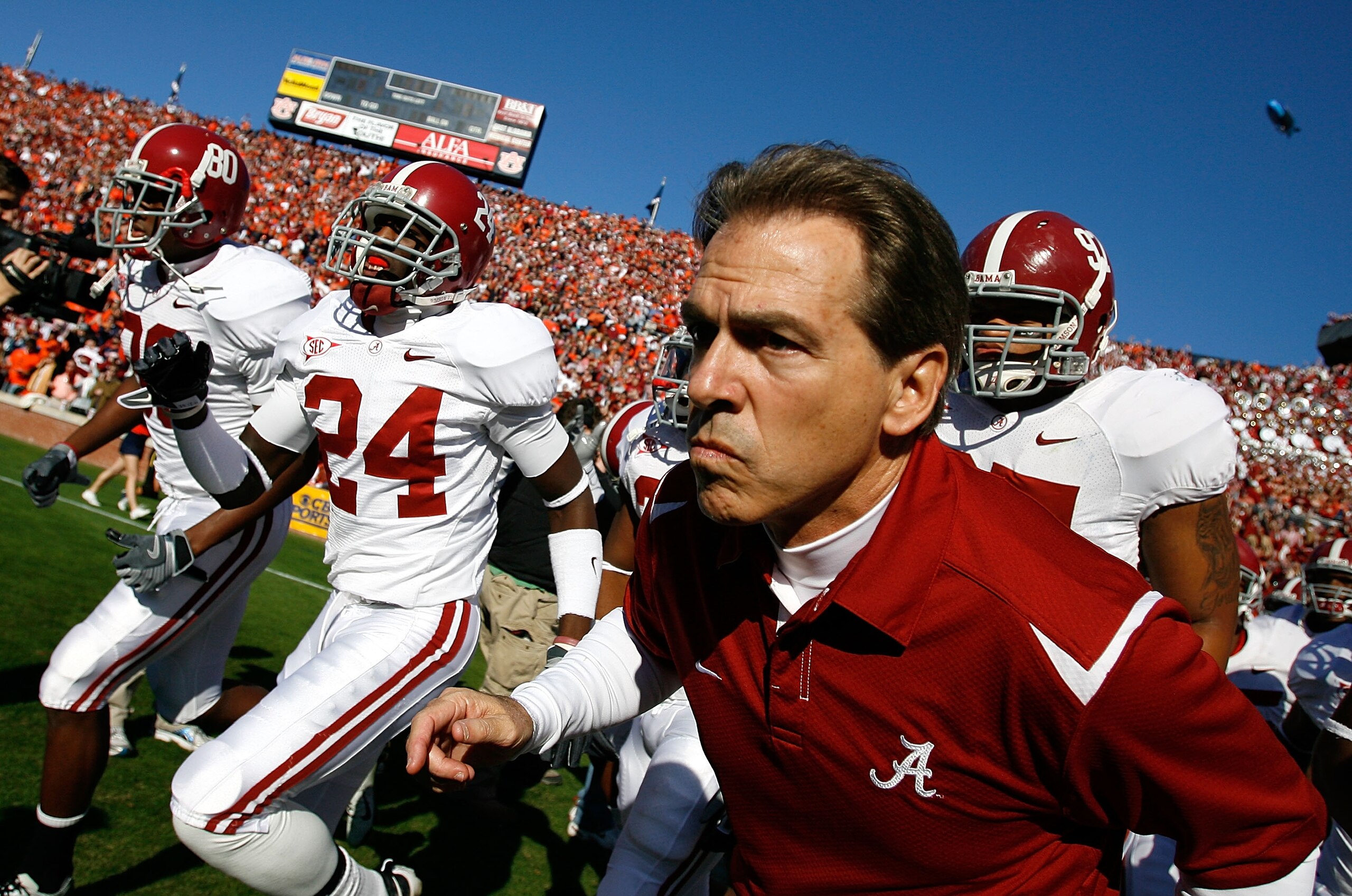 AUBURN, AL - NOVEMBER 27:  Head coach Nick Saban of the Alabama Crimson Tide leads his team onto the field to face the Auburn Tigers at Jordan-Hare Stadium on November 27, 2009 in Auburn, Alabama.  (Photo by Kevin C. Cox/Getty Images)