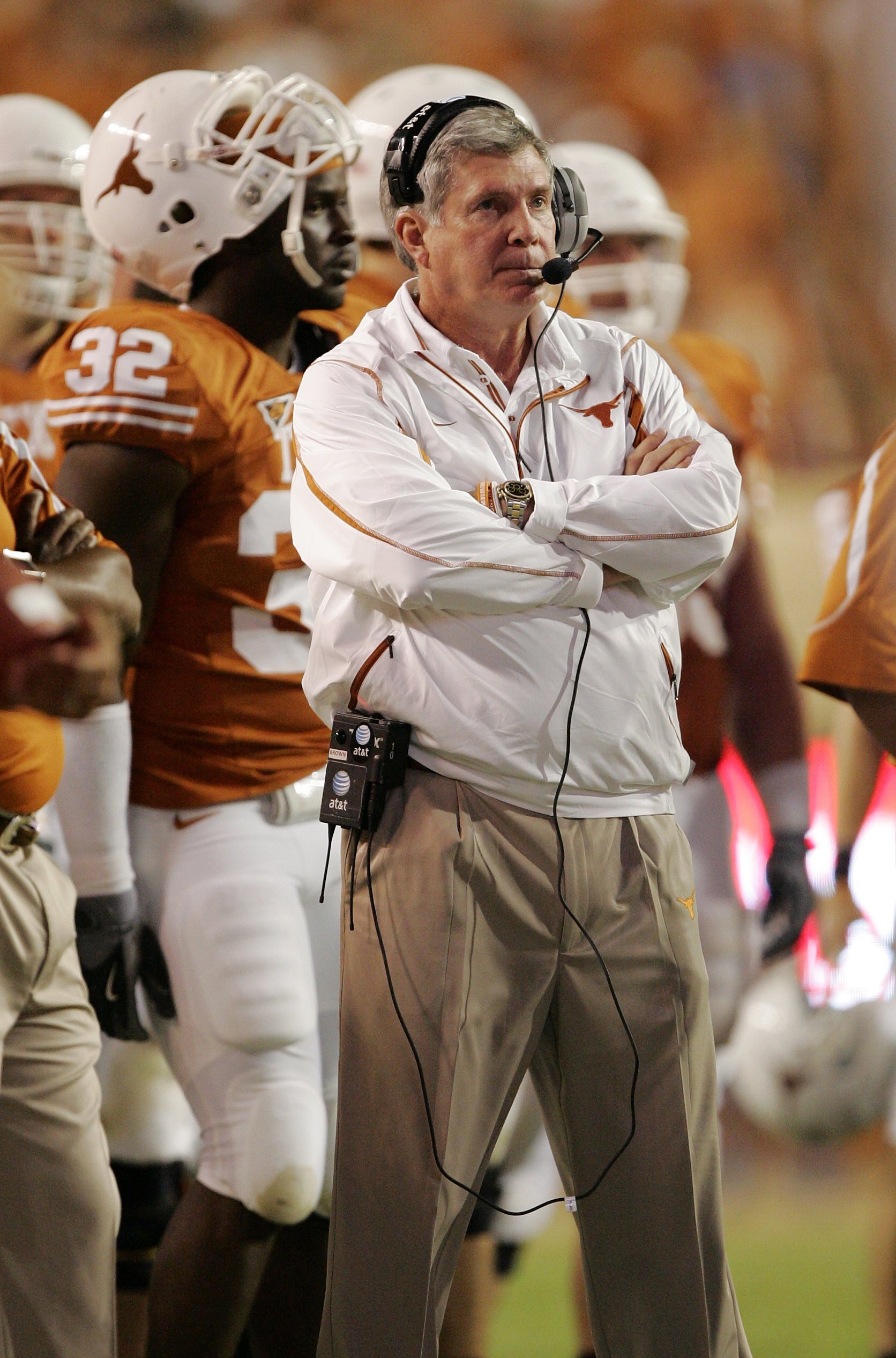 AUSTIN, TX - OCTOBER 18:  Head coach Mack Brown of the Texas Longhorns looks on during the game against the Missouri Tigers on October 18, 2008 at Darrell K Royal-Texas Memorial Stadium in Austin, Texas.  Texas won 56-31.  (Photo by Brian Bahr/Getty Image