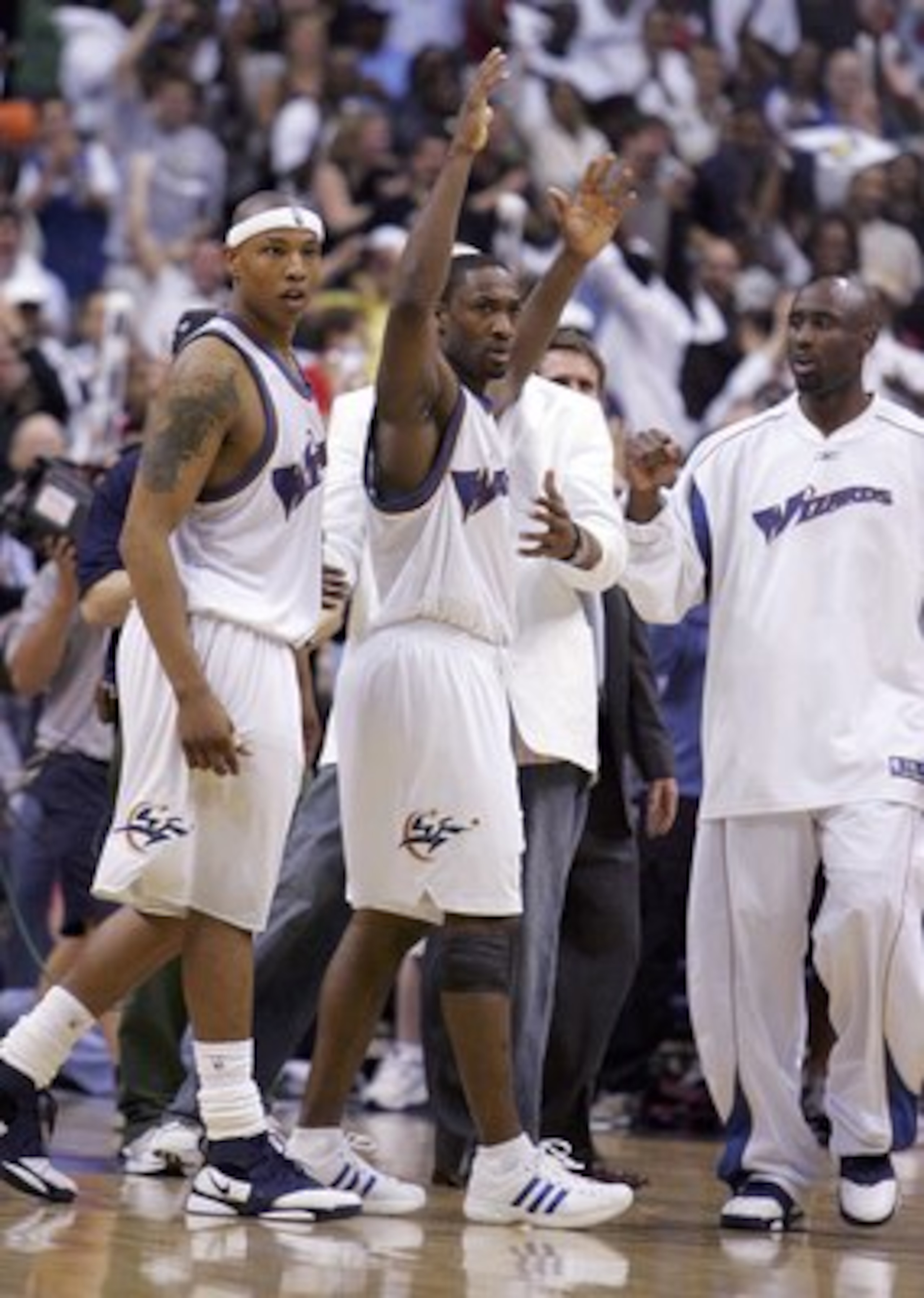WASHINGTON - MAY 05:  Gilbert Arenas #0 of the Washington Wizards celebrates his game-tying three point shot in the final seconds of regulation in game six of the Eastern Conference Quarterfinals against the Cleveland Cavaliers during the 2006 NBA Playoff