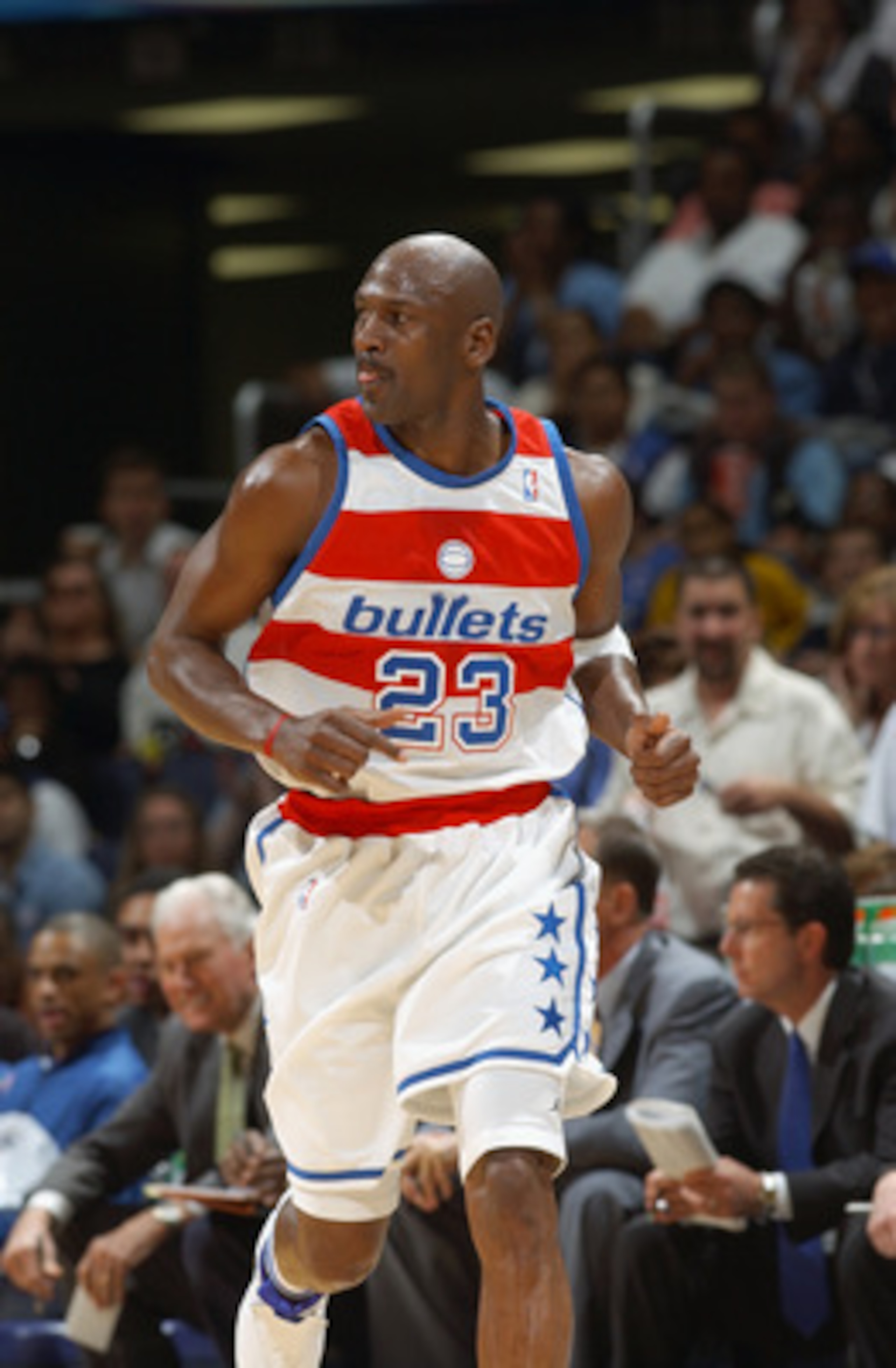 WASHINGTON - APRIL 14:  Michael Jordan #23 of the Washington Wizards head up court during the NBA game against the New York Knicks at MCI Center on April 14, 2003 in Washington, DC.  The Knicks won 93-79.  NOTE TO USER:  User expressly acknowledges and ag