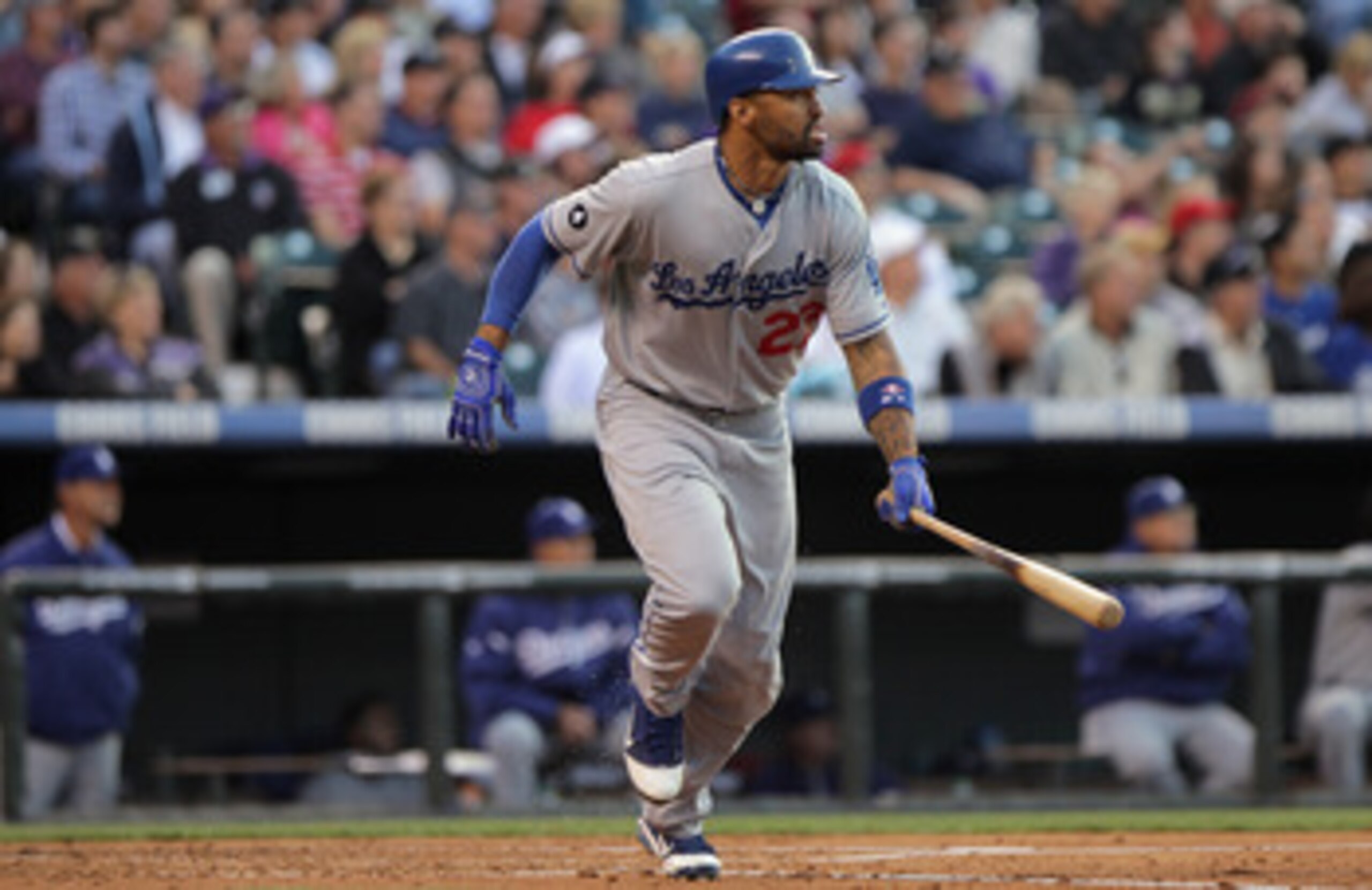 DENVER, CO - JUNE 09:  Matt Kemp #27 of the Los Angeles Dodgers takes an at bat against the Colorado Rockies at Coors Field on June 9, 2011 in Denver, Colorado. Kemp had a double, triple and a homerun in the game as the Rockies defeated the Dodgers 9-7.  