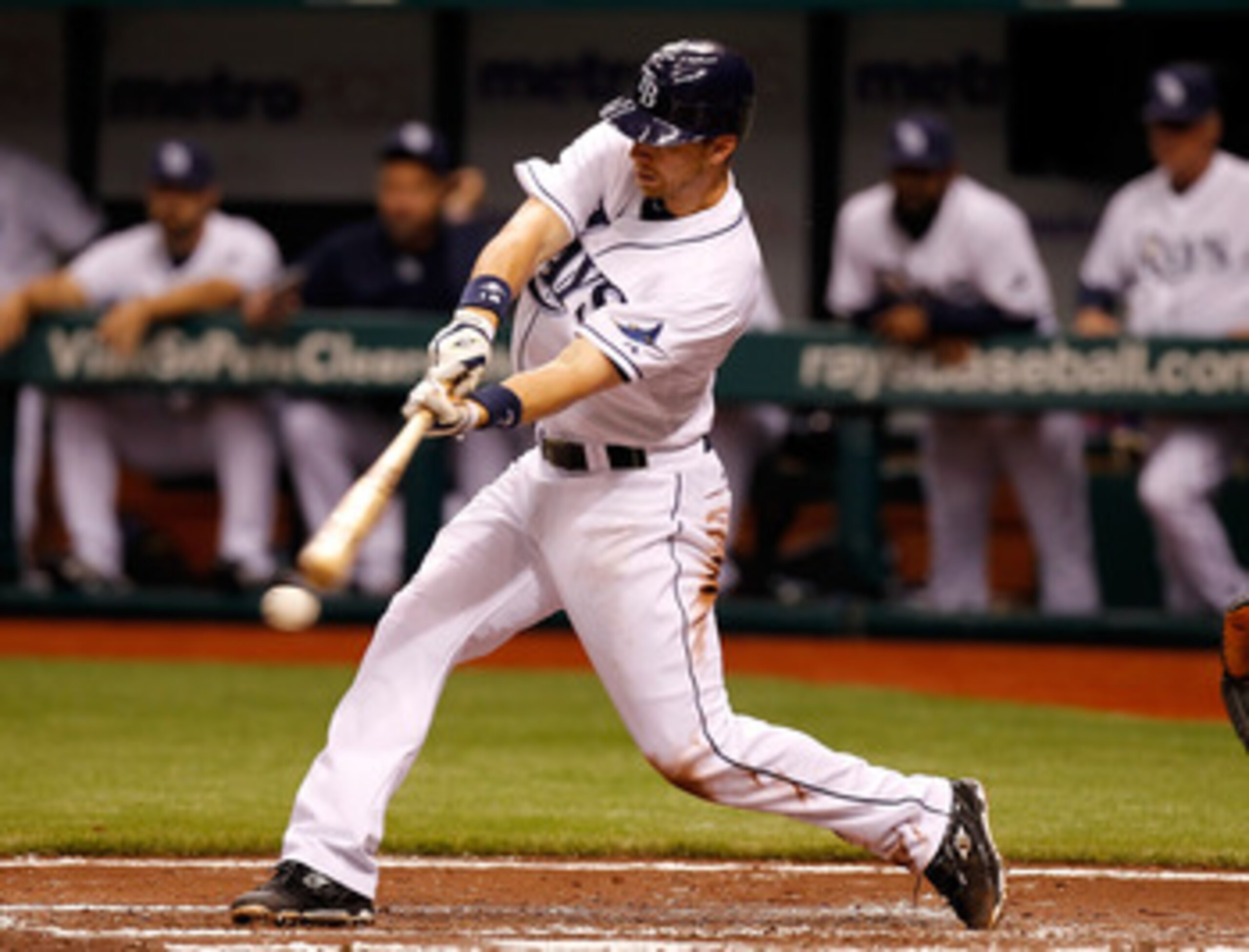 ST. PETERSBURG, FL - MAY 14:  Infielder Ben Zobrist #18 of the Tampa Bay Rays fouls off a pitch against the Baltimore Orioles during the game at Tropicana Field on May 14, 2011 in St. Petersburg, Florida.  (Photo by J. Meric/Getty Images)
