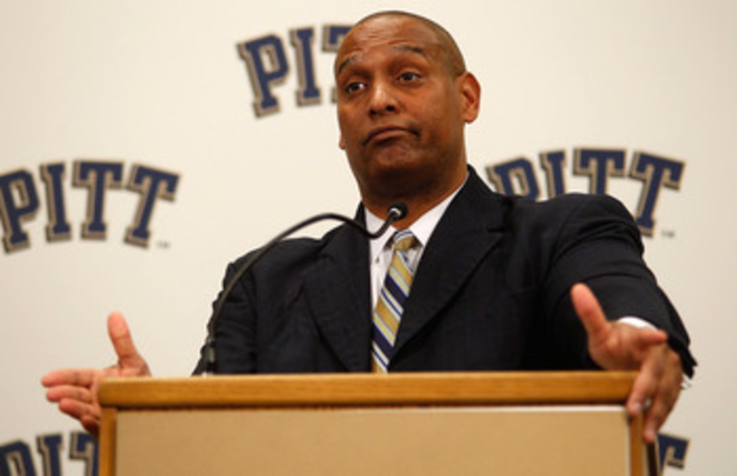 PITTSBURGH - DECEMBER 16:  The new University of Pittsburgh head football coach, Mike Haywood, speaks during a press conference on December 16, 2010 at the University of Pittsburgh Panthers South Side training facility in Pittsburgh, Pennsylvania.  (Photo