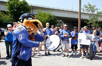 ATLANTA, GA - MAY 21:  Thrash, mascot of the Atlanta Thrashers, joins fans in the rally to help keep the team in Atlanta at Philips Arena on May 21, 2011 in Atlanta, Georgia.  It has been reported the Thrashers may relocate to Winnipeg, Canada.  (Photo by