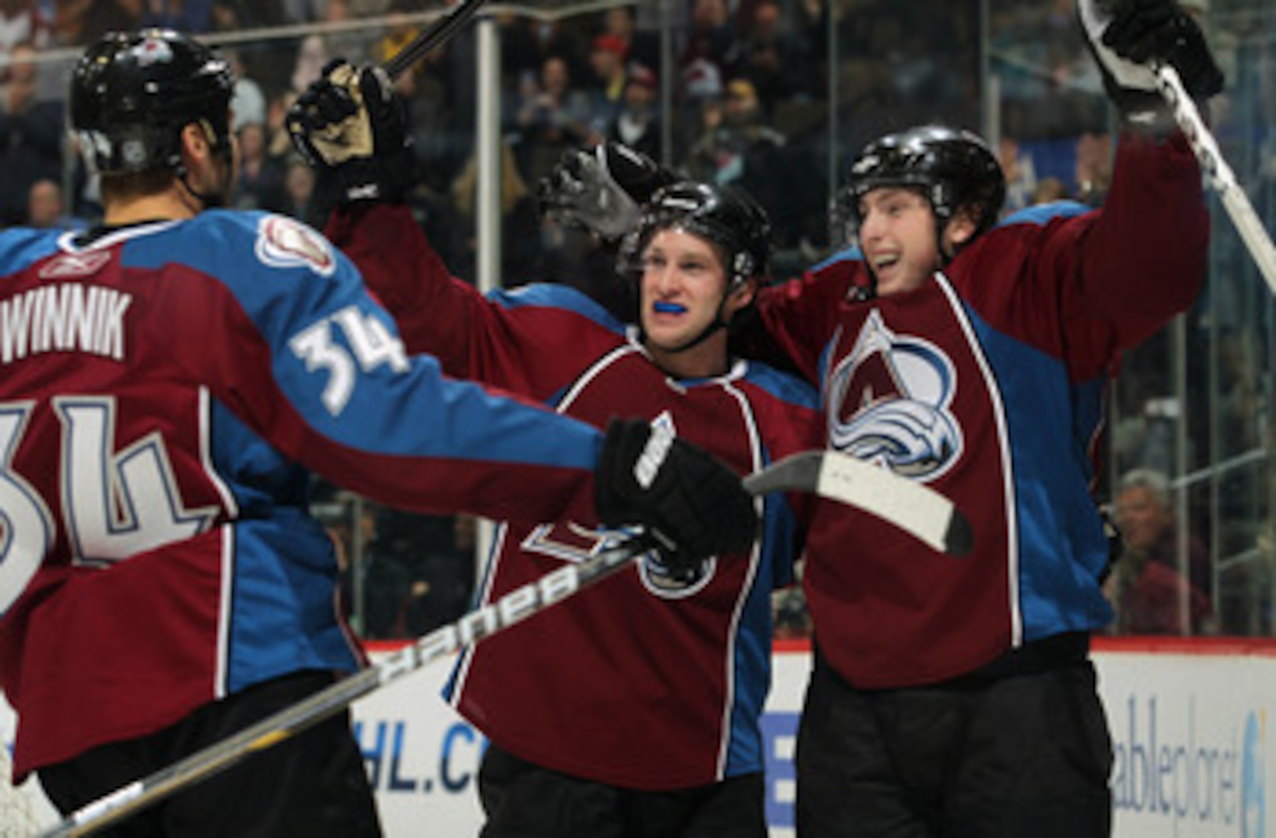 DENVER, CO - MARCH 22: (R-L) Matt Duchene #9 of the Colorado Avalanche celebrates his third period goal with teammate Mark Oliver #40 and Daniel Winnik #34 to tie the score 3-3 in the third period against the Columbus Blue Jackets at the Pepsi Center on DENVER, CO - MARCH 22: (R-L) Matt Duchene #9 of the Colorado Avalanche celebrates his third period goal with teammate Mark Oliver #40 and Daniel Winnik #34 to tie the score 3-3 in the third period against the Columbus Blue Jackets at the Pepsi Center on