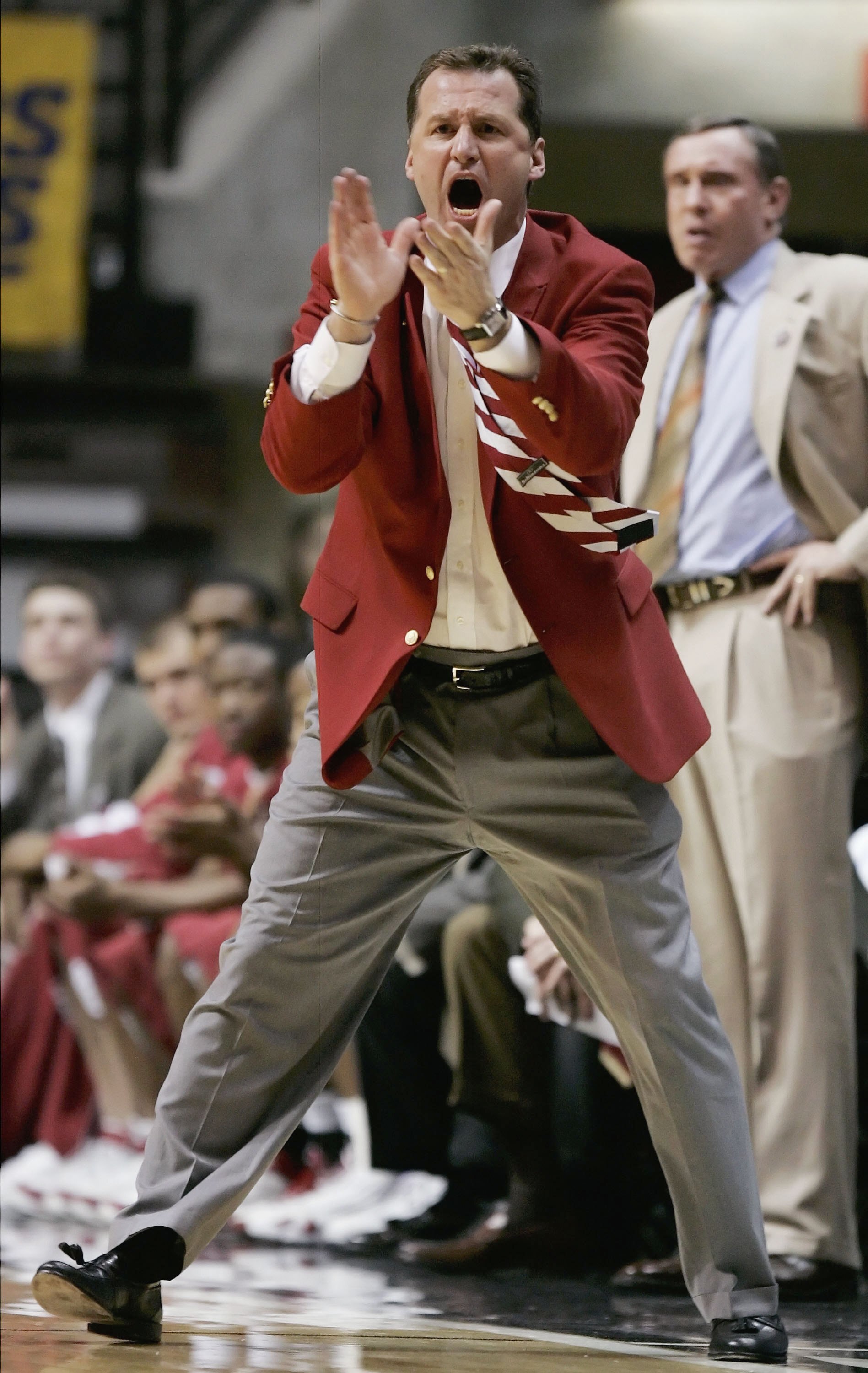 SAN DIEGO - MARCH 18:  Head coach Mark Gottfried of the Alabama Crimson Tide reacts to a play during the game against the UCLA Bruins in the second round of the NCAA National Championship on March 18, 2006 at Cox Arena in San Diego, California. UCLA defea