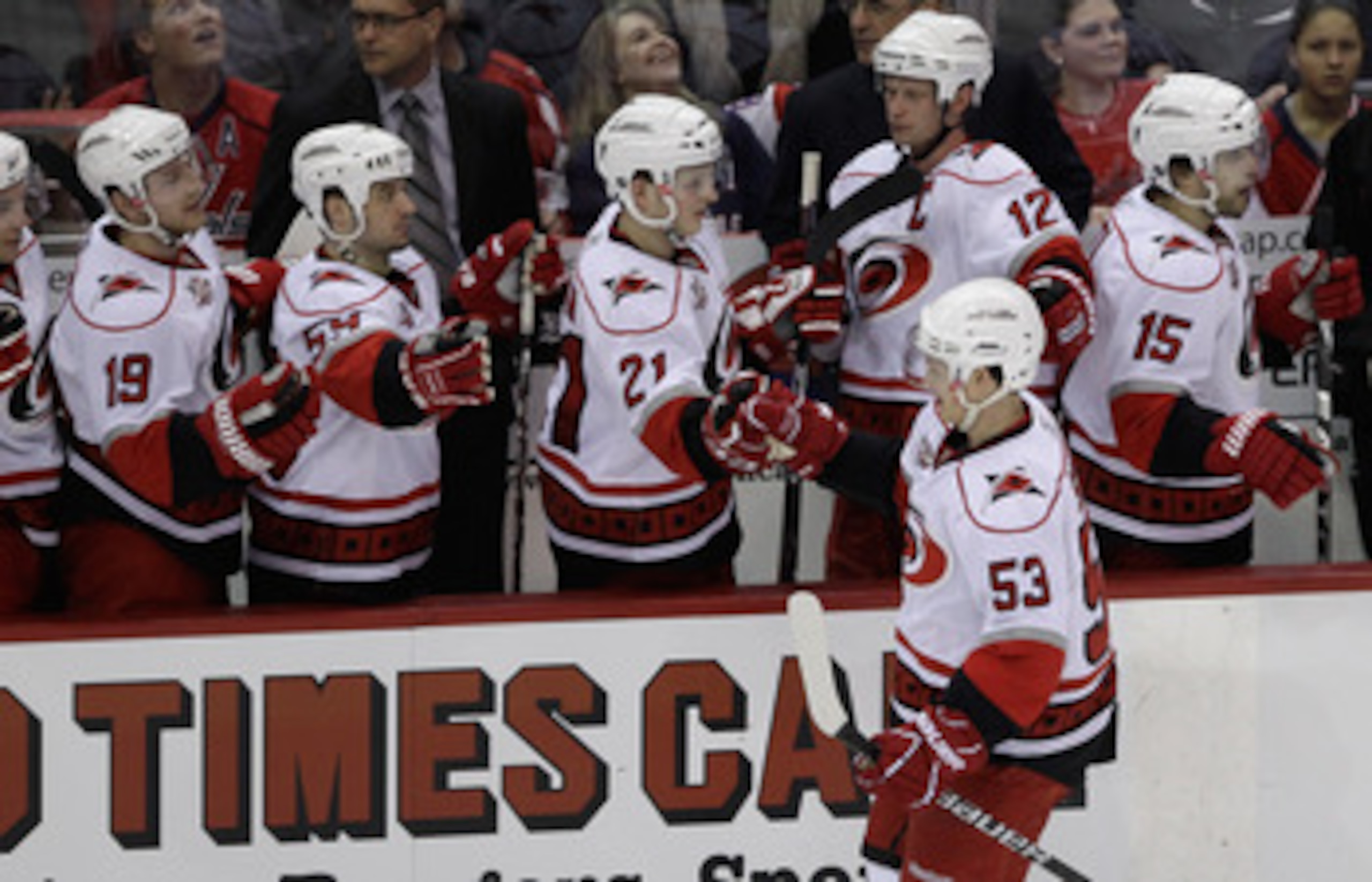 WASHINGTON, DC - MARCH 29: Jeff Skinner #53 of the Carolina Hurricanes celelbrates with the bench after scoring against the Washington Capitalsduring the third period at the Verizon Center on March 29, 2011 in Washington, DC. (Photo by Rob Carr/Getty Im WASHINGTON, DC - MARCH 29: Jeff Skinner #53 of the Carolina Hurricanes celelbrates with the bench after scoring against the Washington Capitalsduring the third period at the Verizon Center on March 29, 2011 in Washington, DC. (Photo by Rob Carr/Getty Im