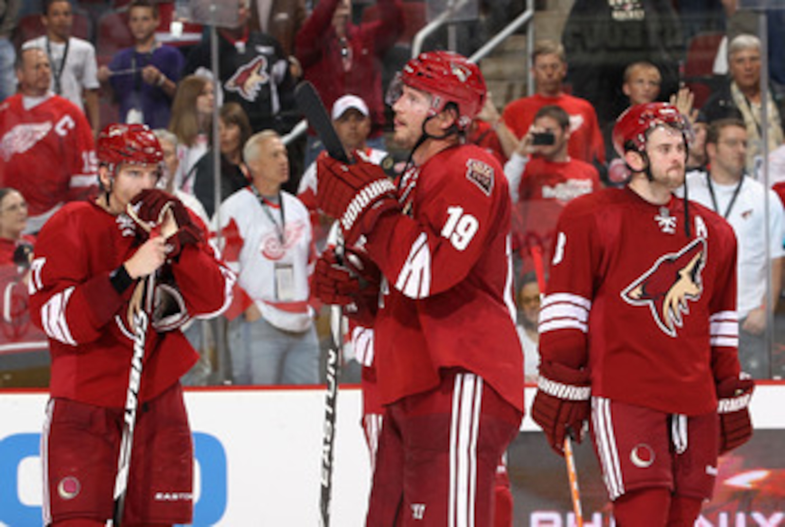 GLENDALE, AZ - APRIL 20: (L-R) Radim Vrbata #17, Shane Doan #19 and Keith Yandle #3 of the Phoenix Coyotes react after being defeated by the Detroit Red Wings in Game Four of the Western Conference Quarterfinals during the 2011 NHL Stanley Cup Playoffs a GLENDALE, AZ - APRIL 20: (L-R) Radim Vrbata #17, Shane Doan #19 and Keith Yandle #3 of the Phoenix Coyotes react after being defeated by the Detroit Red Wings in Game Four of the Western Conference Quarterfinals during the 2011 NHL Stanley Cup Playoffs a