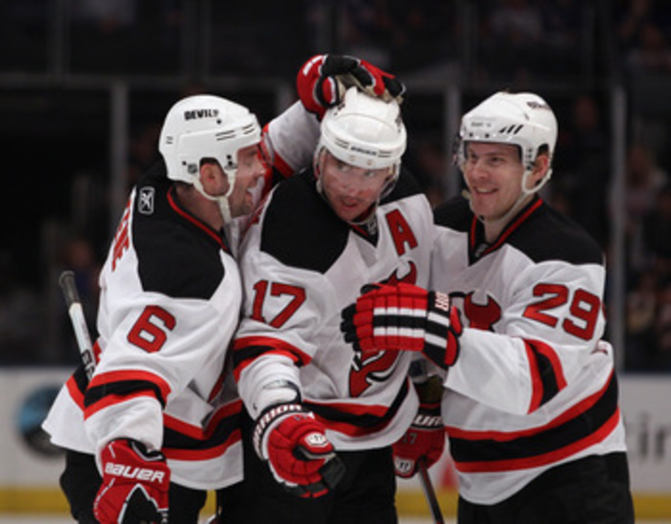 NEW YORK, NY - APRIL 09: Andy Greene #6, Ilya Kovalchuk #17, and Anssi Salmela #29 of the New Jersey Devils celebrate Kovalchuk's goal at 9:18 of the first period against the New York Rangers at Madison Square Garden on April 9, 2011 in New York City. (P NEW YORK, NY - APRIL 09: Andy Greene #6, Ilya Kovalchuk #17, and Anssi Salmela #29 of the New Jersey Devils celebrate Kovalchuk's goal at 9:18 of the first period against the New York Rangers at Madison Square Garden on April 9, 2011 in New York City. (P