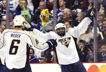 VANCOUVER, CANADA - MAY 7: Joel Ward #29 celebrates with Shea Weber #6 of the Nashville Predators after scoring a goal against the Vancouver Canucks during the third period in Game Five of the Western Conference Semifinals during the 2011 NHL Stanley Cup