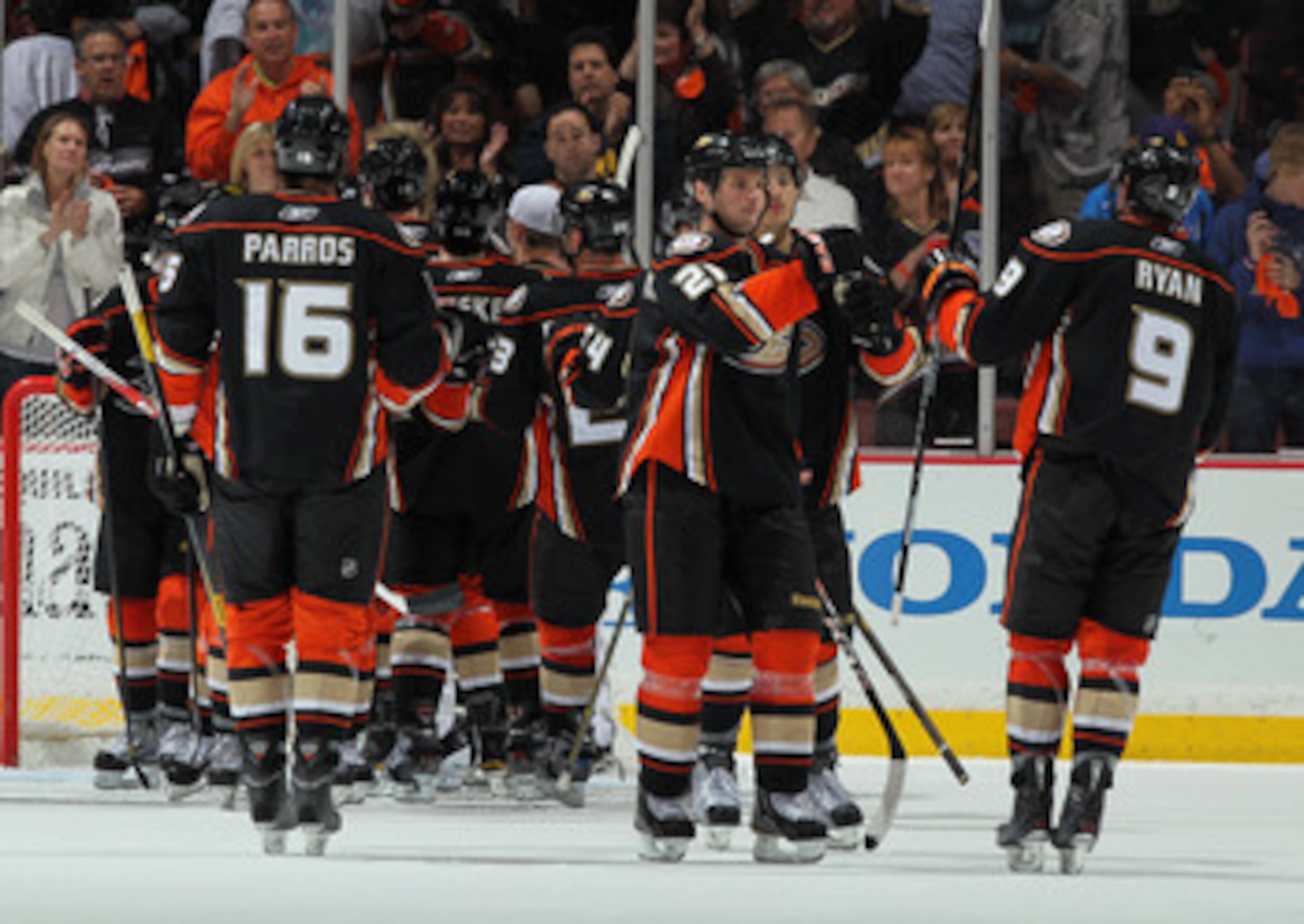 ANAHEIM, CA - APRIL 15: (L-R) George Parros #16, Sheldon Brookbank #21 and Bobby Ryan #9 of the Anaheim Ducks congratulate each other following their teams victory over the Nashville Predators in Game Two of the Western Conference Quarterfinals during th ANAHEIM, CA - APRIL 15: (L-R) George Parros #16, Sheldon Brookbank #21 and Bobby Ryan #9 of the Anaheim Ducks congratulate each other following their teams victory over the Nashville Predators in Game Two of the Western Conference Quarterfinals during th