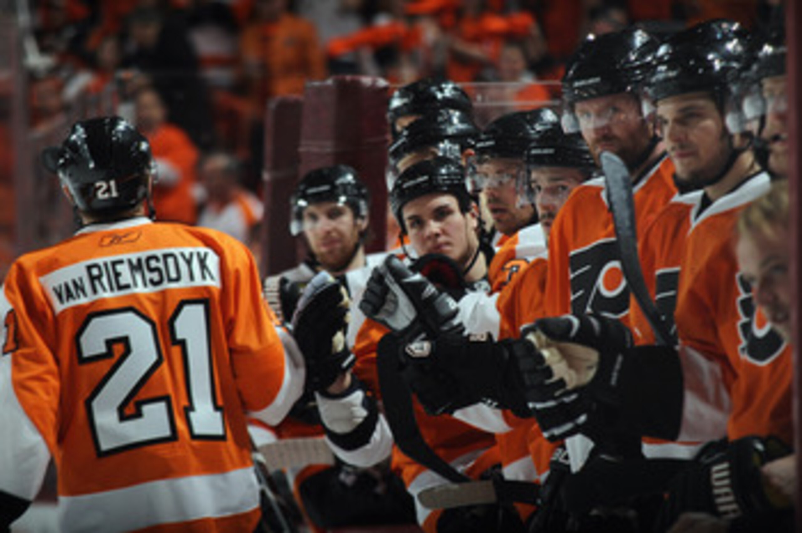 PHILADELPHIA, PA - APRIL 30: James van Riemsdyk #21 of the Philadelphia Flyers returns to the bench following his second period goal against the Boston Bruins in Game One of the Eastern Conference Semifinals during the 2011 NHL Stanley Cup Playoffs at the PHILADELPHIA, PA - APRIL 30: James van Riemsdyk #21 of the Philadelphia Flyers returns to the bench following his second period goal against the Boston Bruins in Game One of the Eastern Conference Semifinals during the 2011 NHL Stanley Cup Playoffs at the