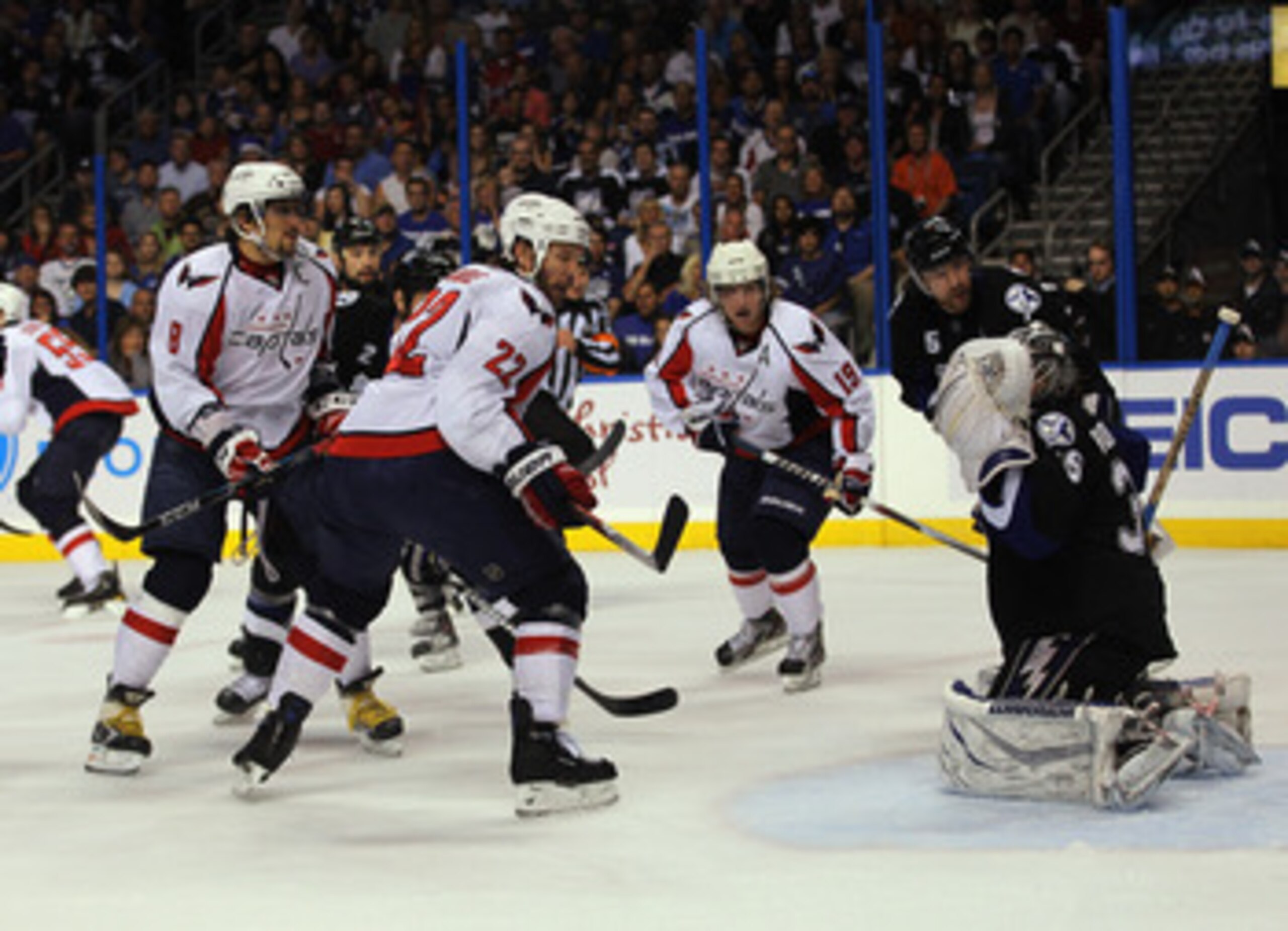 TAMPA, FL - MAY 04: Alex Ovechkin #8, Mike Knuble #22, and Nicklas Backstrom #19 of the Washington Capitals skate against Dwayne Roloson #35 of the Tampa Bay Lightning in Game Four of the Eastern Conference Semifinals during the 2011 NHL Stanley Cup Playo TAMPA, FL - MAY 04: Alex Ovechkin #8, Mike Knuble #22, and Nicklas Backstrom #19 of the Washington Capitals skate against Dwayne Roloson #35 of the Tampa Bay Lightning in Game Four of the Eastern Conference Semifinals during the 2011 NHL Stanley Cup Playo