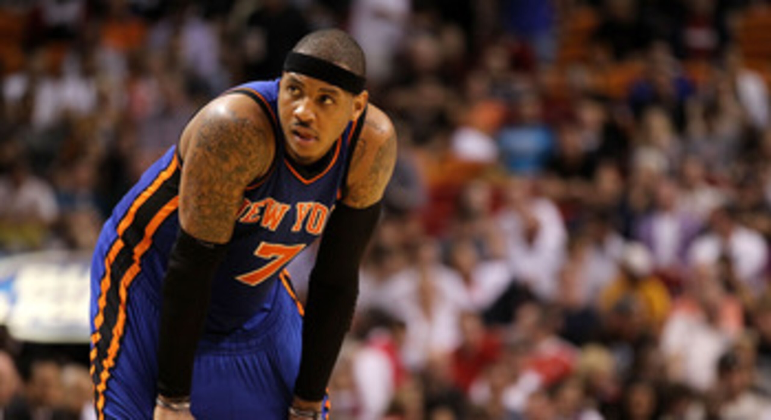MIAMI, FL - FEBRUARY 27:  Carmelo Anthony #7 of the New York Knicks looks on during a foul shot during a game gainst the Miami Heat at American Airlines Arena on February 27, 2011 in Miami, Florida. NOTE TO USER: User expressly acknowledges and agrees tha