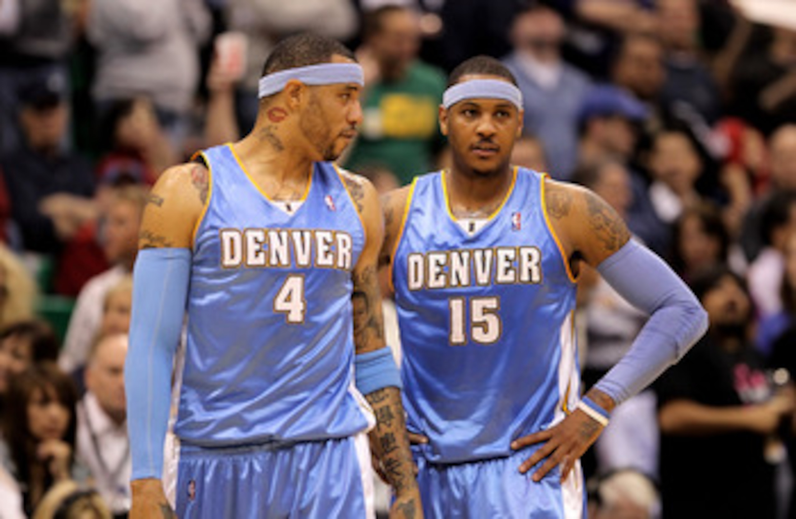 SALT LAKE CITY - APRIL 30:   Kenyon Martin #4 of the Denver Nuggets speaks to teammate Carmelo Anthony #15 during their loss to the Utah Jazz in Game Six of the Western Conference Quarterfinals of the 2010 NBA Playoffs at EnergySolutions Arena on April 30