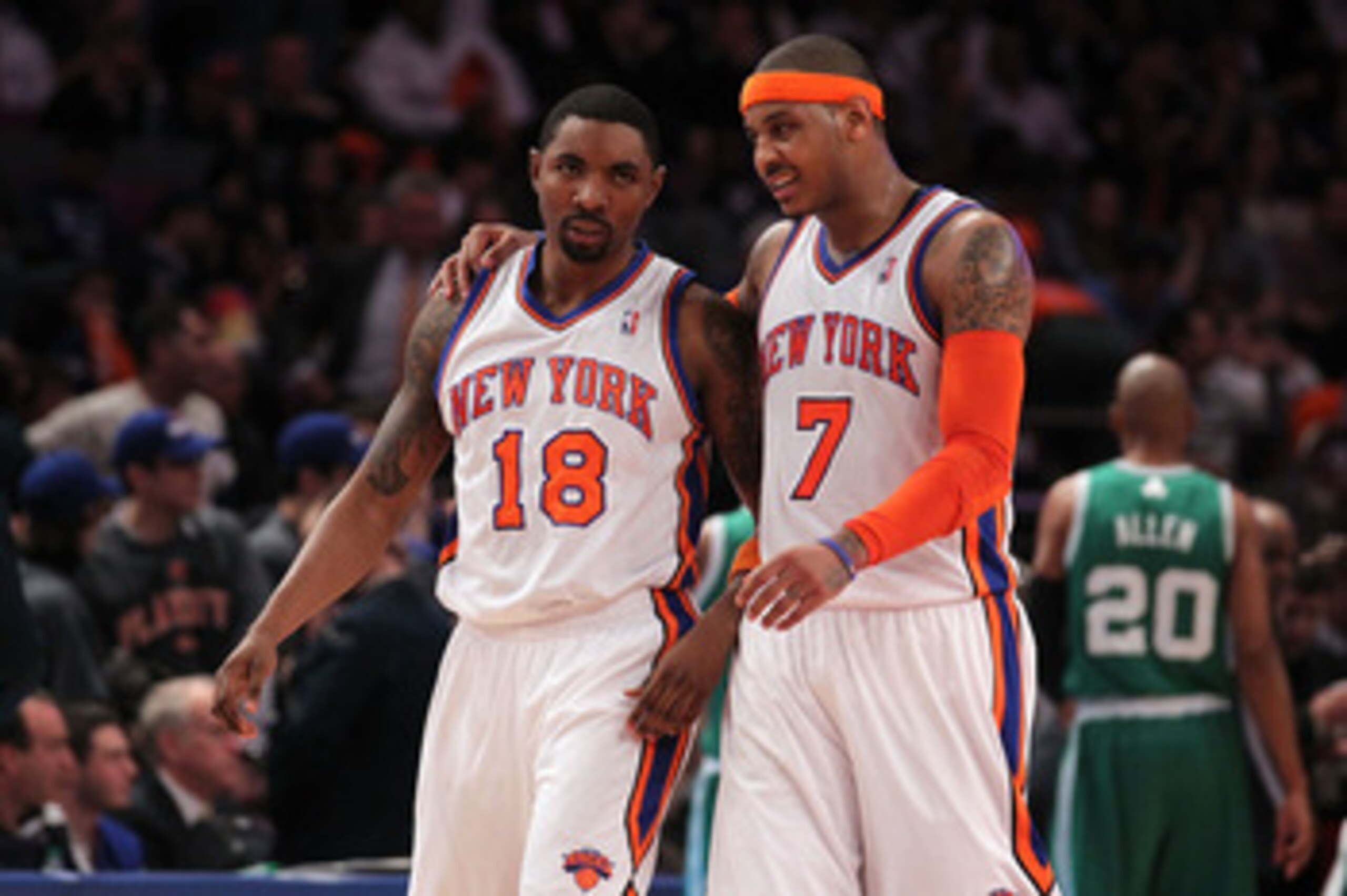 NEW YORK, NY - APRIL 22:  (L-R) Roger Mason #18 and Carmelo Anthony #7 of the New York Knicks talk as they walk up court against the Boston Celtics in Game Three of the Eastern Conference Quarterfinals in the 2011 NBA Playoffs on April 22, 2011 at Madison