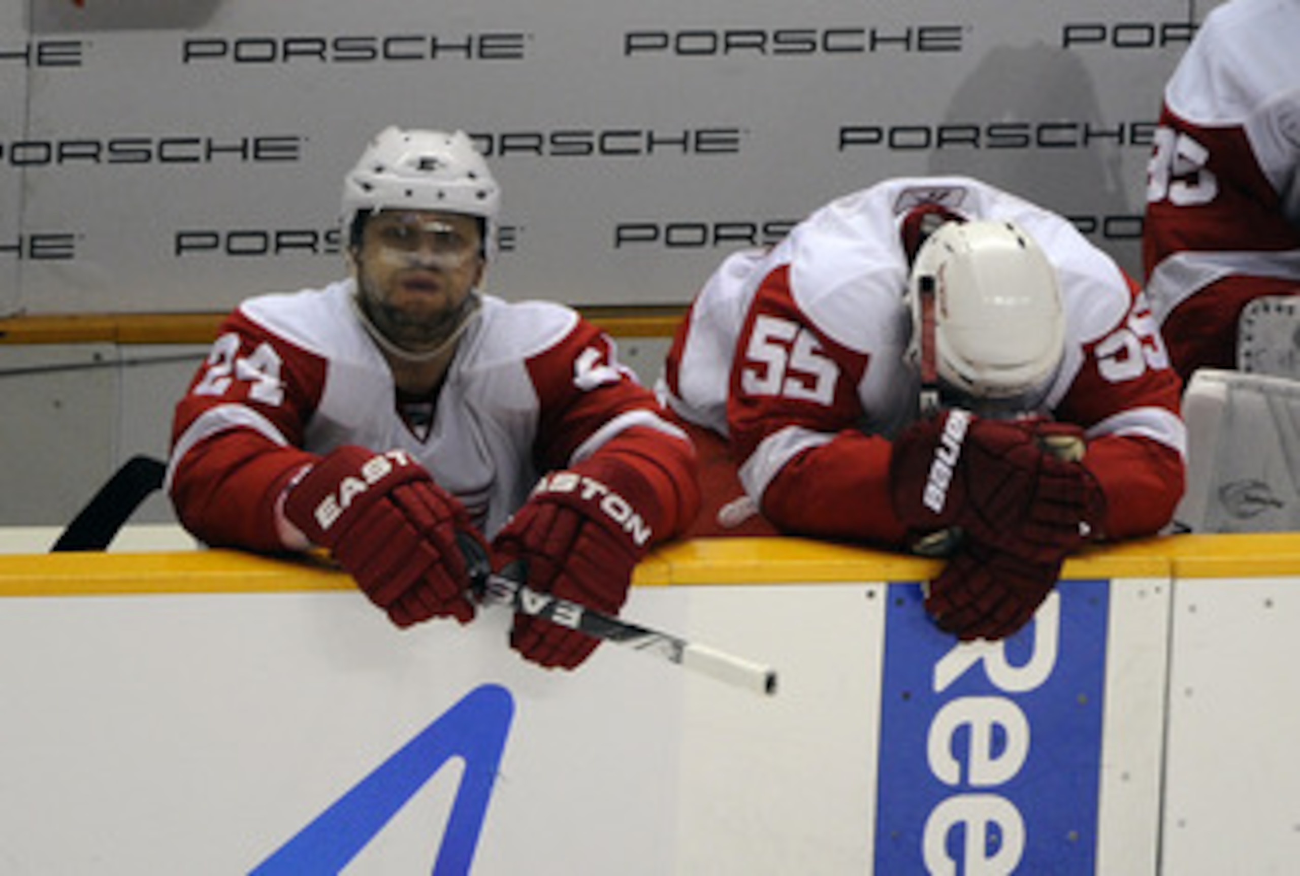 SAN JOSE, CA - MAY 12: Ruslan Salei #24 and Niklas Kronwall #55 of the Detroit Red Wings show their disapointment after losing 3 to 2 to the San Jose Sharks in Game Seven of the Western Conference Semifinals during the 2011 NHL Stanley Cup Playoffs at th SAN JOSE, CA - MAY 12: Ruslan Salei #24 and Niklas Kronwall #55 of the Detroit Red Wings show their disapointment after losing 3 to 2 to the San Jose Sharks in Game Seven of the Western Conference Semifinals during the 2011 NHL Stanley Cup Playoffs at th