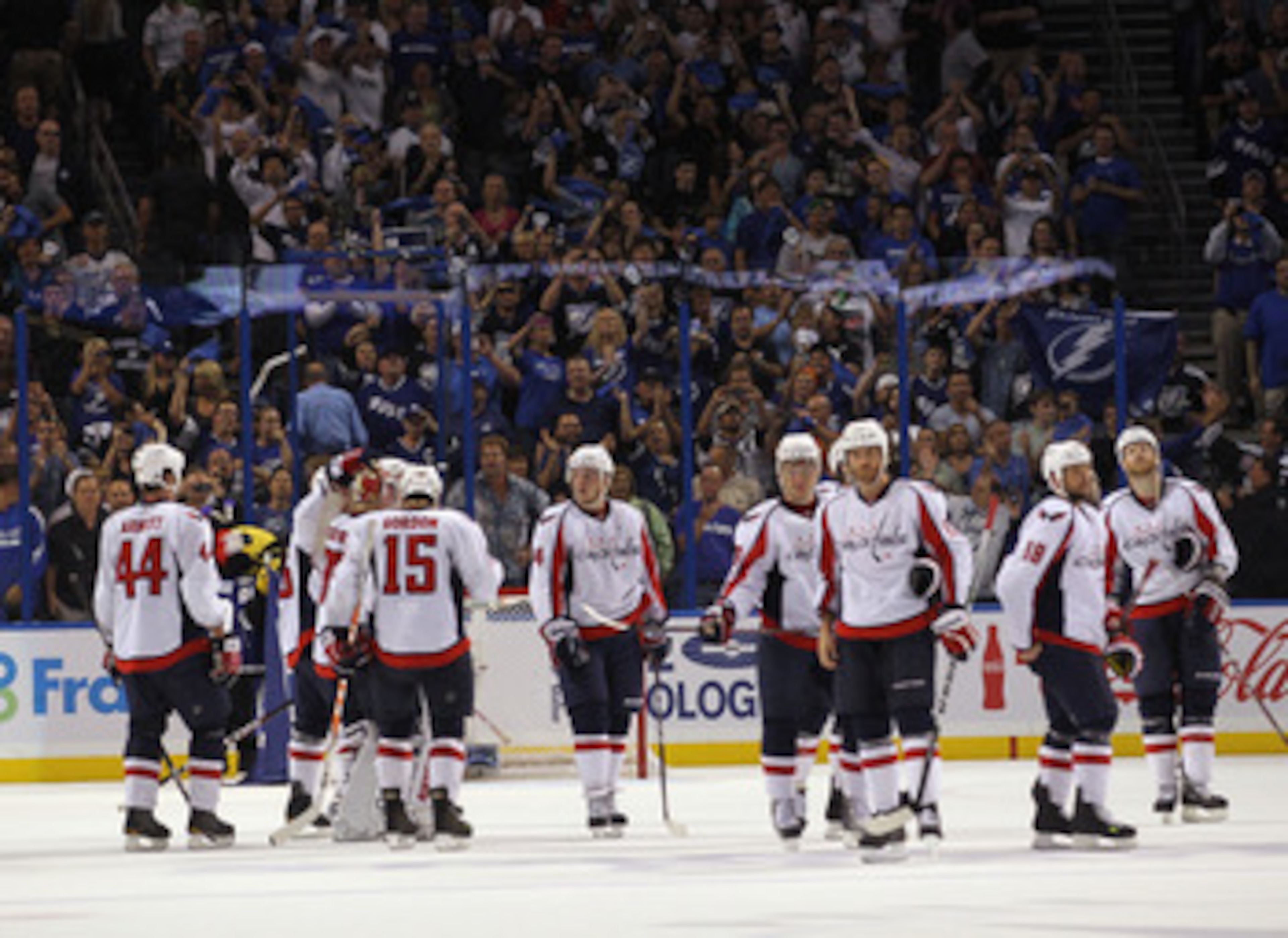 TAMPA, FL - MAY 04: The Washington Capitals line up to shake hands with the Tampa Bay Lightning following defeat in Game Four of the Eastern Conference Semifinals during the 2011 NHL Stanley Cup Playoffs at the St Pete Times Forum on May 4, 2011 in Tampa,