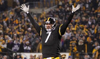 PITTSBURGH, PA - JANUARY 15:  Quarterback Ben Roethlisberger #7 of the Pittsburgh Steelers celebrates the game winning touchdown against the Baltimore Ravens in the fourth quarter of the AFC Divisional Playoff Game at Heinz Field on January 15, 2011 in Pi