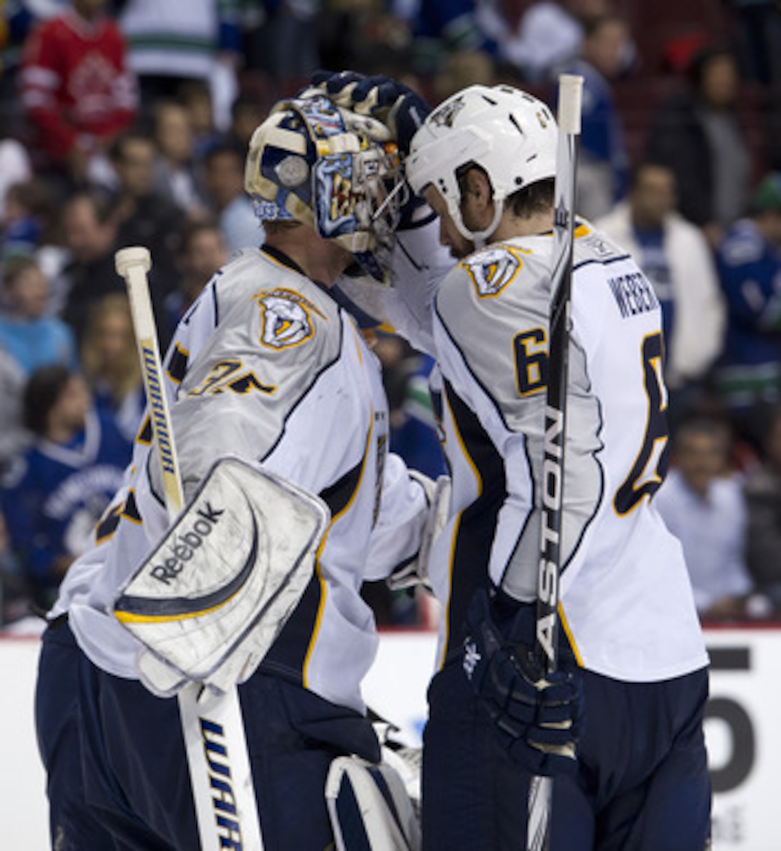 VANCOUVER, CANADA - MAY 7: Goalie Pekka Rinne #35 of the Nashville Predators if congratulated by Shea Weber #6 after defeating the Vancouver Canucks 4-3 in Game Five of the Western Conference Semifinals during the 2011 NHL Stanley Cup Playoffs on May 07, VANCOUVER, CANADA - MAY 7: Goalie Pekka Rinne #35 of the Nashville Predators if congratulated by Shea Weber #6 after defeating the Vancouver Canucks 4-3 in Game Five of the Western Conference Semifinals during the 2011 NHL Stanley Cup Playoffs on May 07,