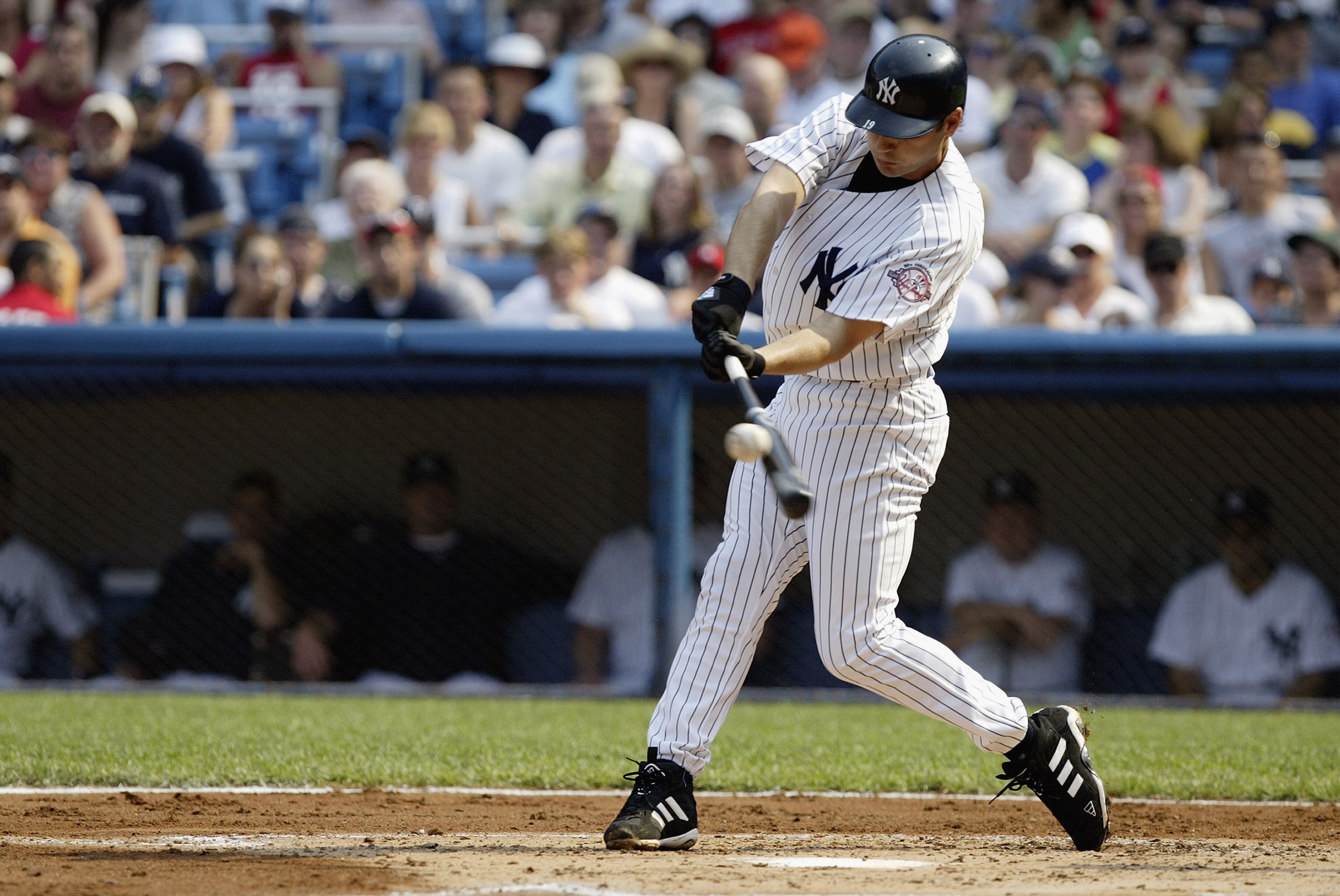 BRONX, NY - JULY 4:  Third baseman Robin Ventura #19 of the New York Yankees swings at the pitch during the American League game against the Boston Red Sox at Yankee Stadium on July 4, 2003 in the Bronx, New York.  The Red Sox won 10-3.   (Photo by Ezra S