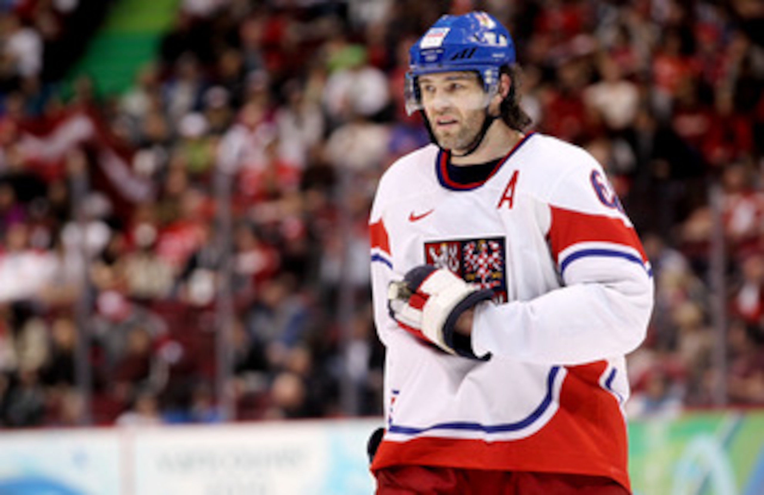 VANCOUVER, BC - FEBRUARY 19:  Jaromir Jagr #68 of Czech Republic looks on during the ice hockey men's preliminary game between Czech Republic and Latvia on day 8 of the Vancouver 2010 Winter Olympics at Canada Hockey Place on February 19, 2010 in Vancouve