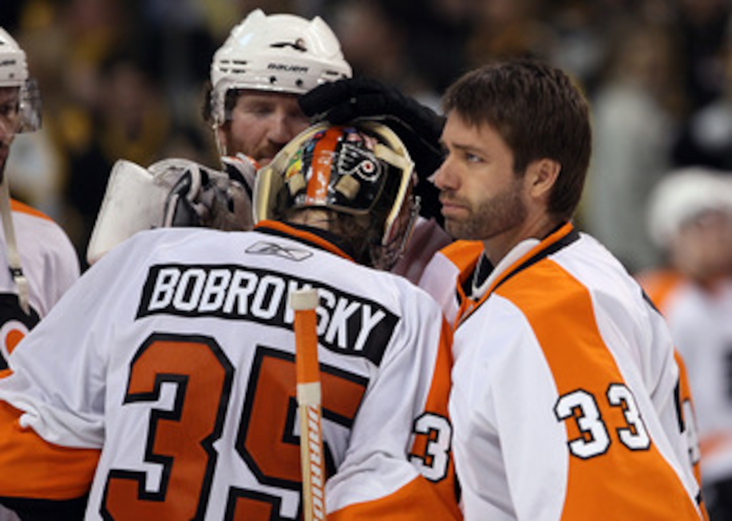 BOSTON, MA - MAY 06: Brian Boucher #33 consoles Sergei Bobrovsky #35 of the Philadelphia Flyers after the loss to the Boston Bruins in Game Four of the Eastern Conference Semifinals during the 2011 NHL Stanley Cup Playoffs at TD Garden on May 6, 2011 in B BOSTON, MA - MAY 06: Brian Boucher #33 consoles Sergei Bobrovsky #35 of the Philadelphia Flyers after the loss to the Boston Bruins in Game Four of the Eastern Conference Semifinals during the 2011 NHL Stanley Cup Playoffs at TD Garden on May 6, 2011 in B