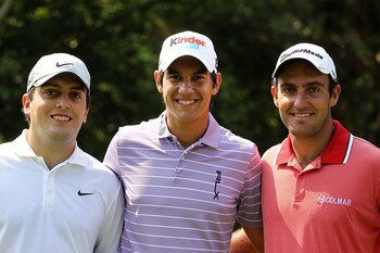 PONTE VEDRA BEACH, FL - MAY 10:  (L-R) Francesco Molinari of Italy, Matteo Manassero of Italy and Edoardo Molinari of Italy smile together during a practice round prior to the start of THE PLAYERS Championship held at THE PLAYERS Stadium course at TPC Saw