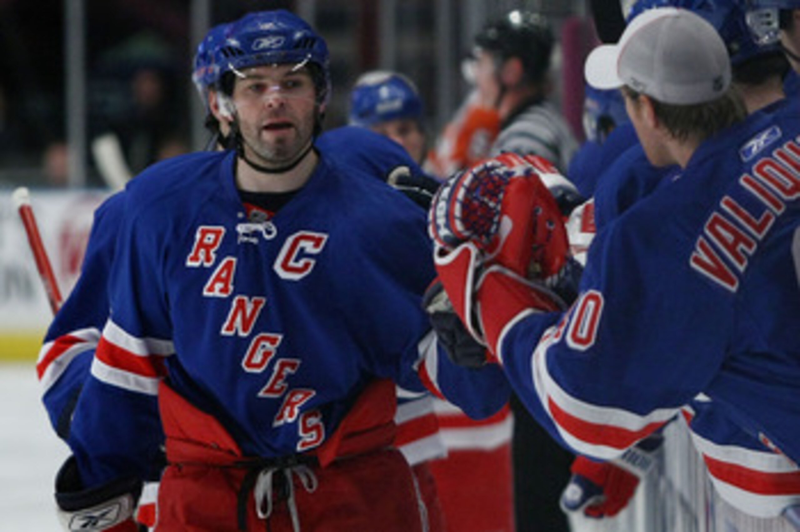 NEW YORK - MARCH 25:  Jaromir Jagr #68 of the New York Rangers is congratulated by team mates after scoring a goal against the Philadelphia Flyers during their game on March 25, 2008 at Madison Square Garden in New York City.  (Photo by Chris McGrath/Gett