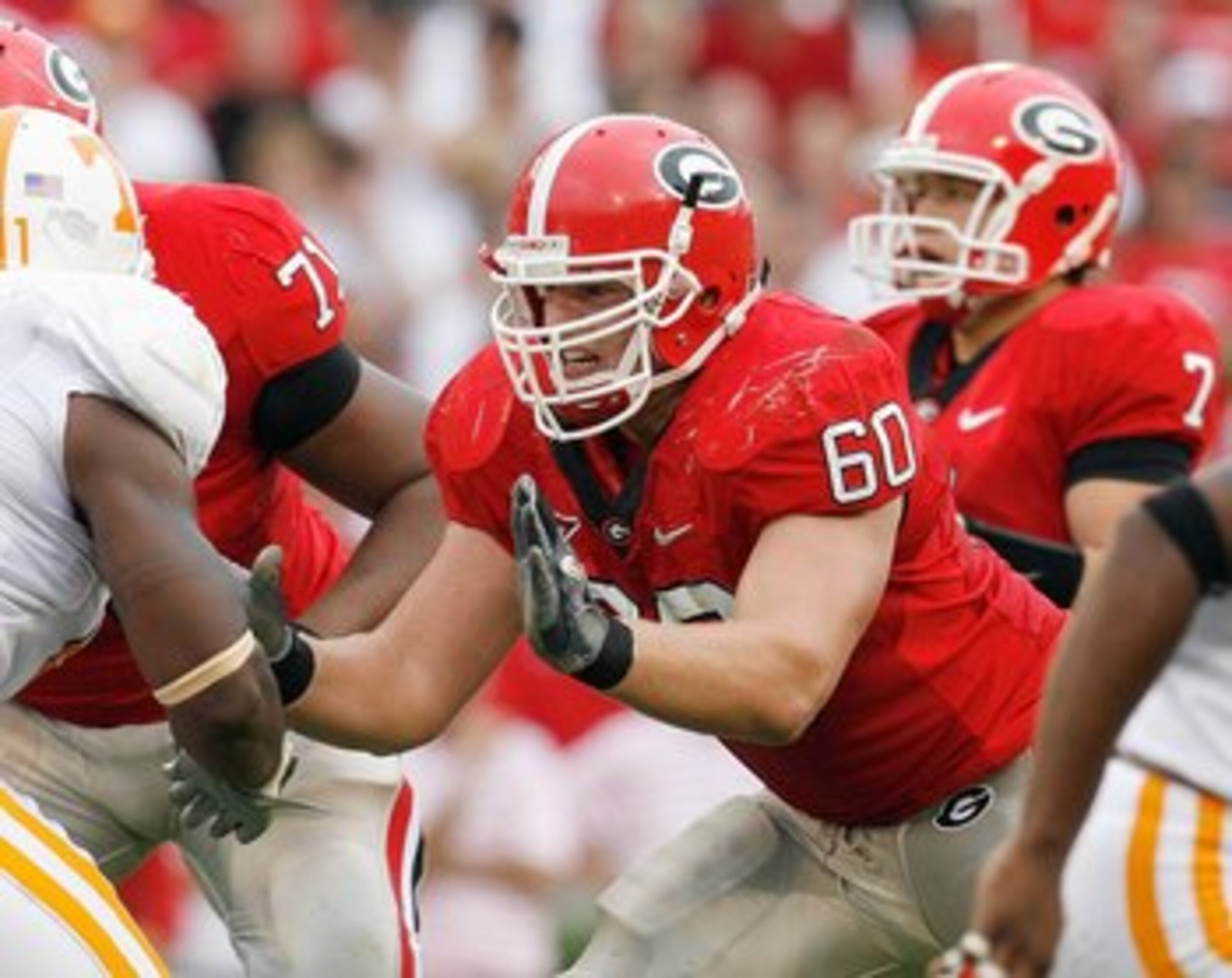ATHENS, GA - OCTOBER 11:  Clint Boling #60 of the Georgia Bulldogs blocks the line during the game against the Tennessee Volunteers at Sanford Stadium on October 11, 2008 in Athens, Georgia.  (Photo by Kevin C. Cox/Getty Images)