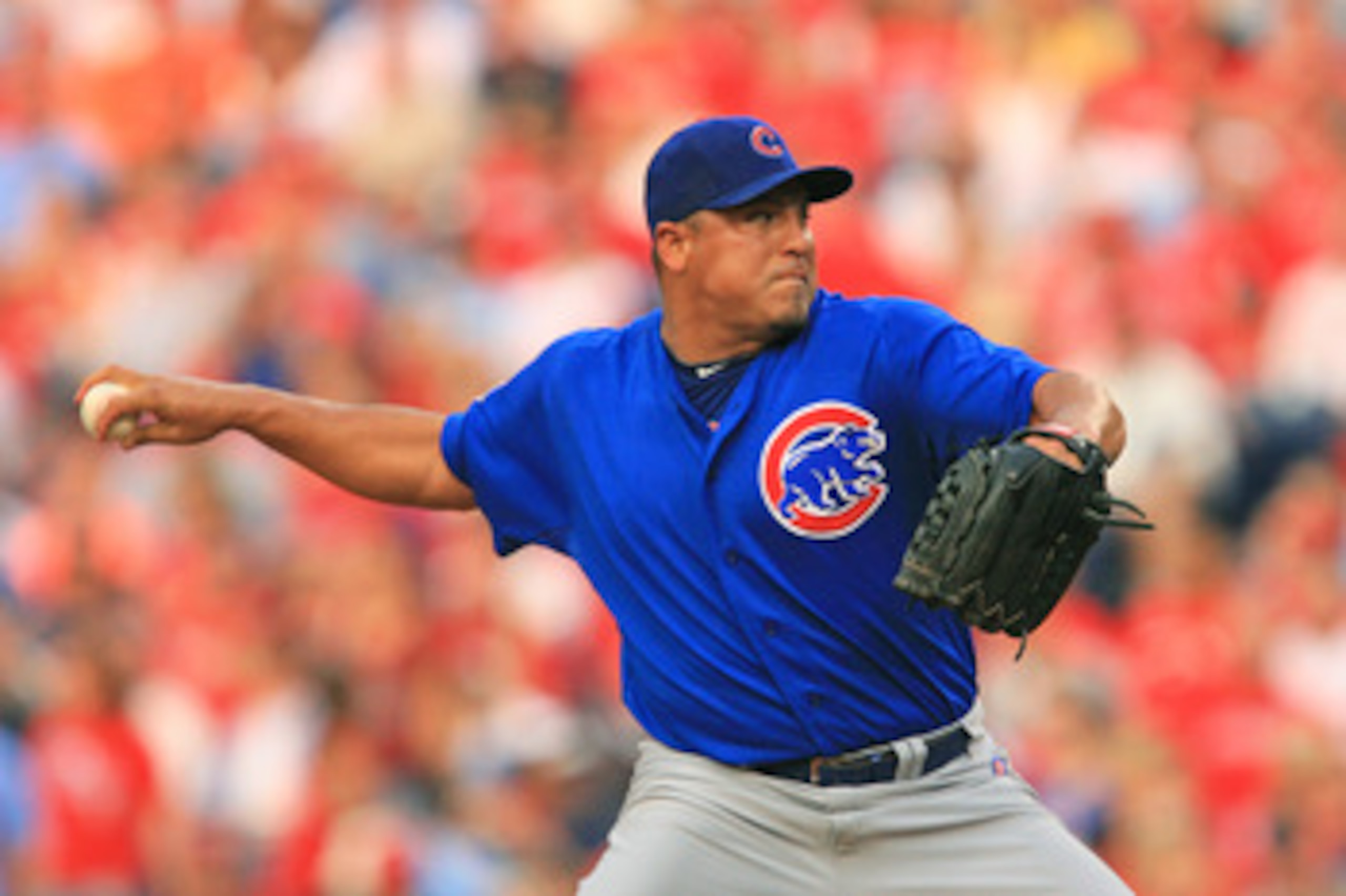 PHILADELPHIA - JUNE 10: Starting pitcher Carlos Zambrano #38 of the Chicago Cubs throws a pitch during a game against the Philadelphia Phillies at Citizens Bank Park on June 10, 2011 in Philadelphia, Pennsylvania. (Photo by Hunter Martin/Getty Images)