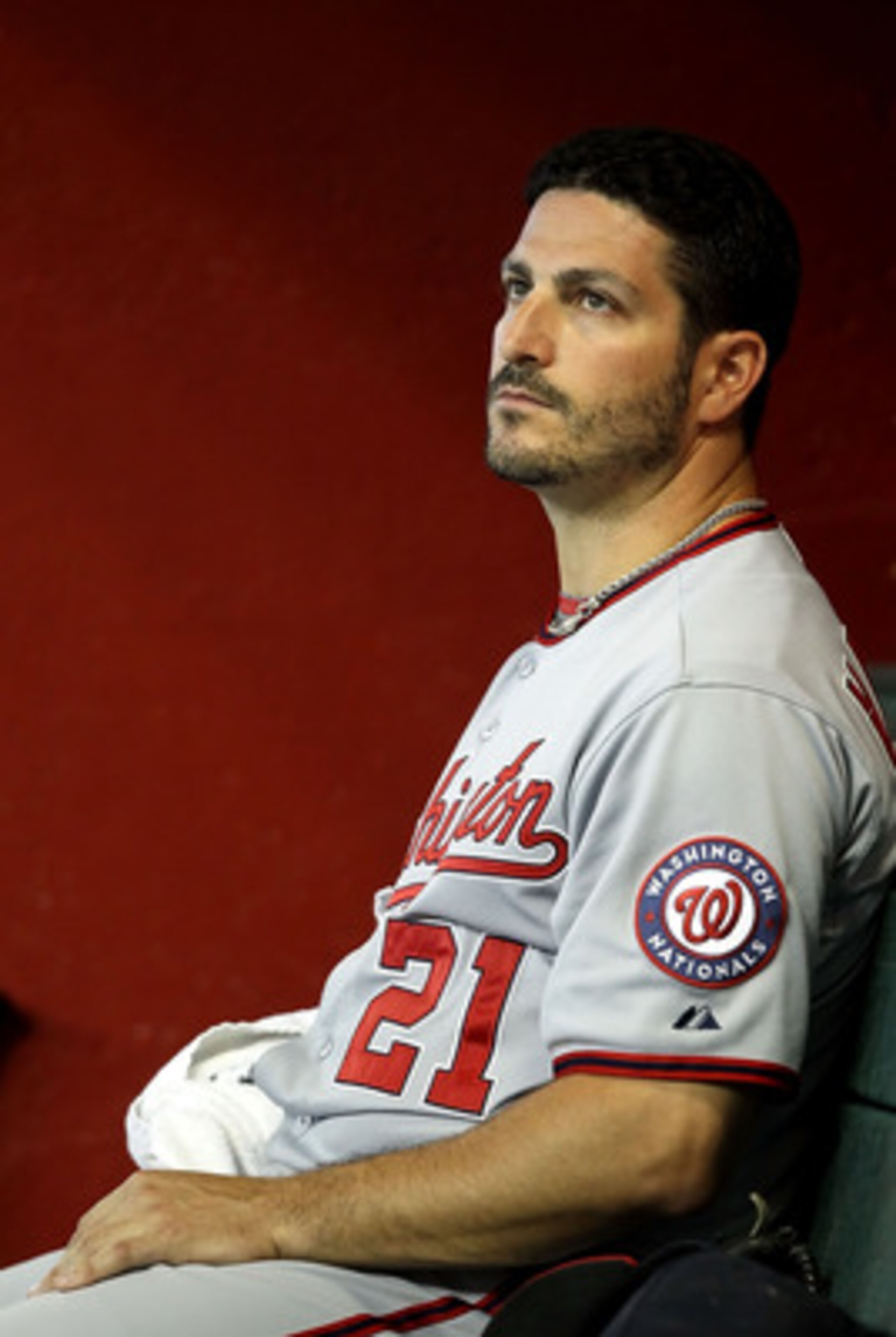 PHOENIX, AZ - JUNE 05:  Starting pitcher Jason Marquis #21 of the Washington Nationals sits in the dugout during the Major League Baseball game against the Arizona Diamondbacks at Chase Field on June 5, 2011 in Phoenix, Arizona.  (Photo by Christian Peter
