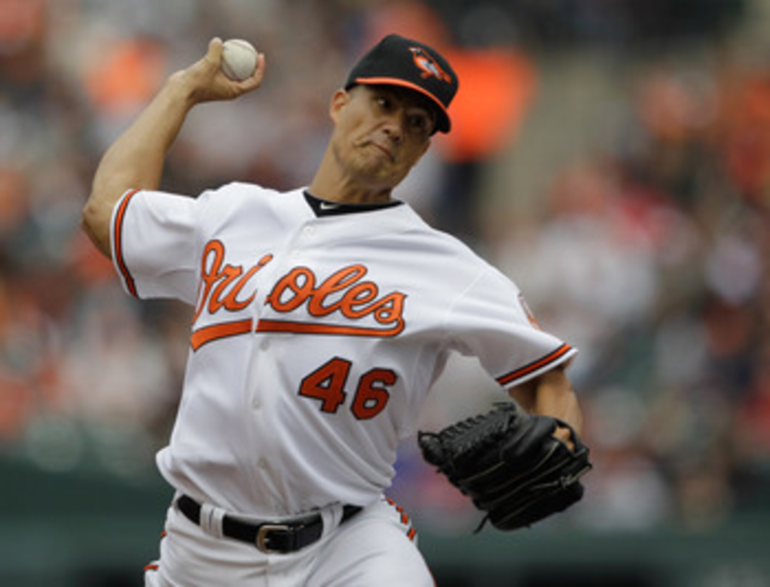 BALTIMORE, MD - APRIL 10:  Starting pitcher Jeremy Guthrie #46 of the Baltimore Orioles delivers to a Texas Rangers batter during the third inning at Oriole Park at Camden Yards on April 10, 2011 in Baltimore, Maryland.  (Photo by Rob Carr/Getty Images)
