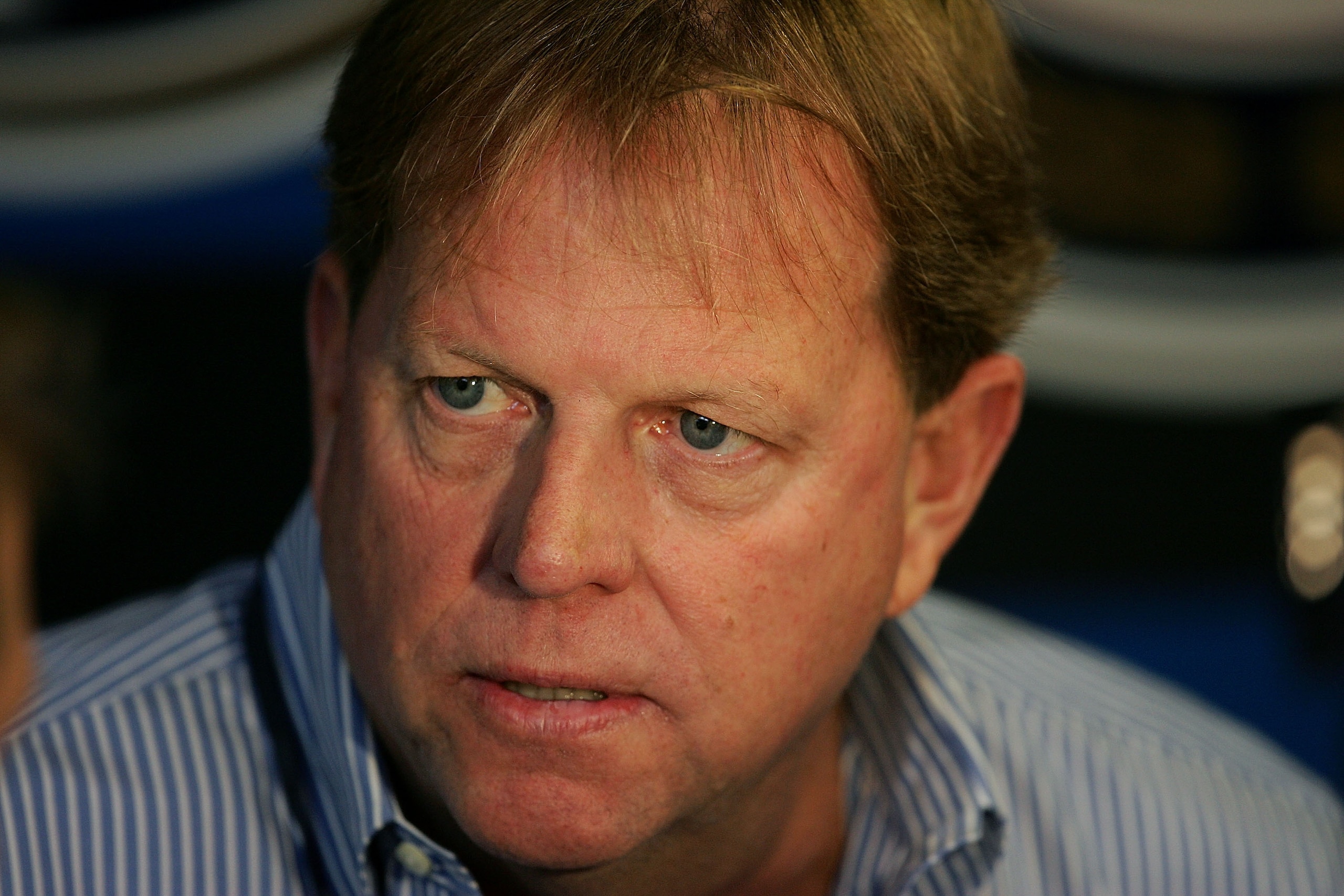 MILWAUKEE - JUNE 4: General Manager Jim Hendry of the Chicago Cubs talks with reporters before a game against the Milwaukee Brewers at Miller Park June 4, 2007 in Milwaukee, Wisconsin. (Photo by Jonathan Daniel/Getty Images)