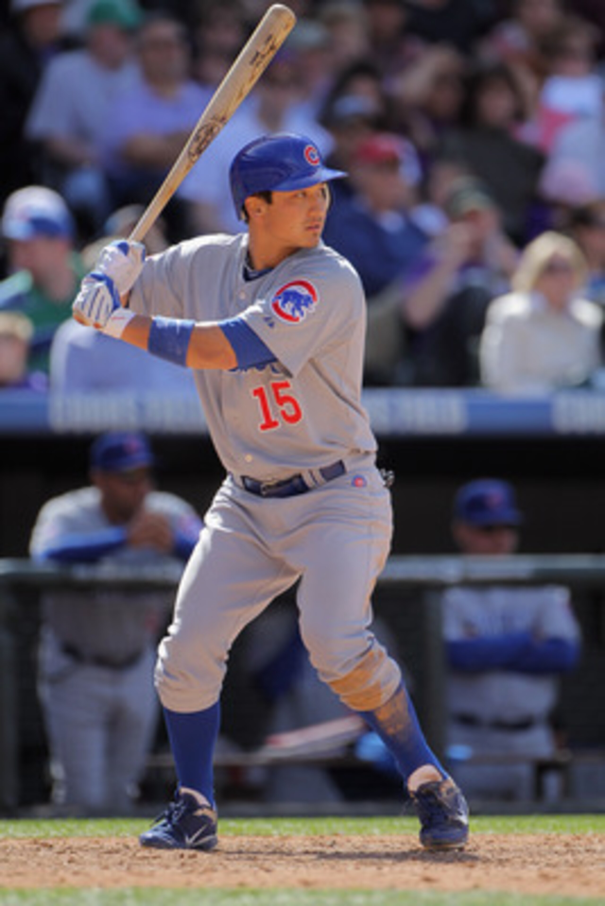 DENVER, CO - APRIL 17:  Darwin Barney #15 of the Chicago Cubs takes an at bat against the Colorado Rockies at Coors Field on April 17, 2011 in Denver, Colorado.  (Photo by Doug Pensinger/Getty Images)