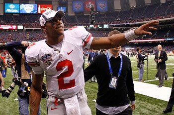 NEW ORLEANS, LA - JANUARY 04:  Quarterback Terrelle Pryor #2 of the Ohio State Buckeyes celebrates the Buckeyes 31-26 victory against the Arkansas Razorbacks during the Allstate Sugar Bowl at the Louisiana Superdome on January 4, 2011 in New Orleans, Loui